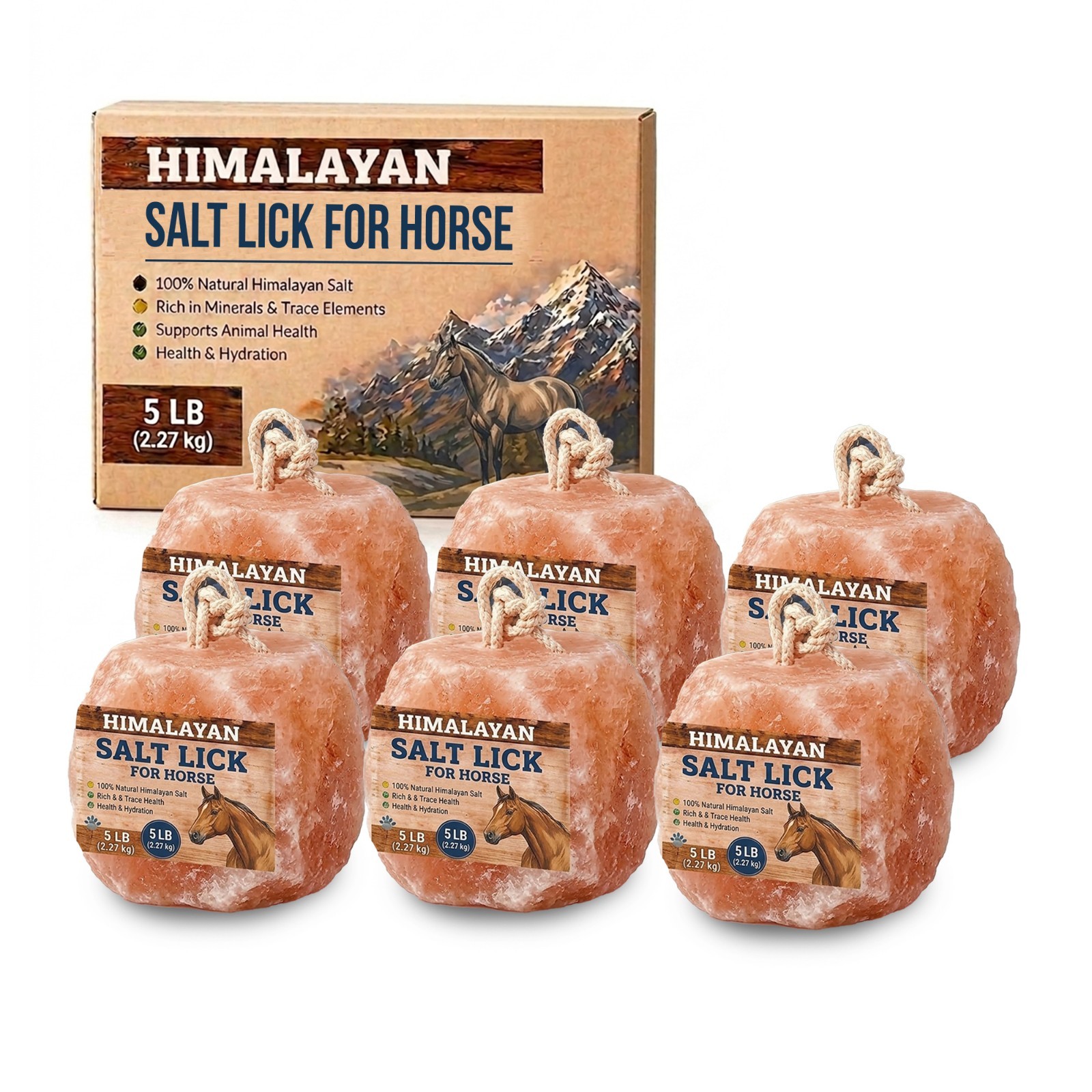 Himalayan Salt Lick for Horses with Rope Natural 5lb Salt Block for Horse 6 pack