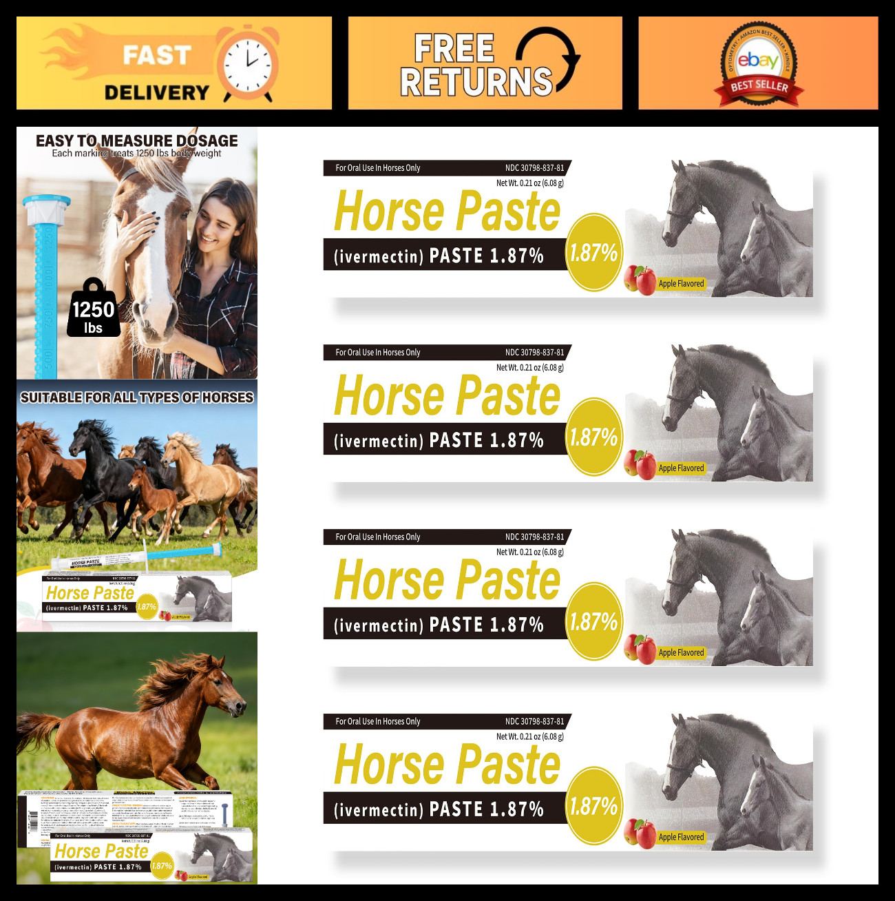 4 Pack Apple Flavored Equine Paste 1.87% – 6.08g Oral Gel for Horses