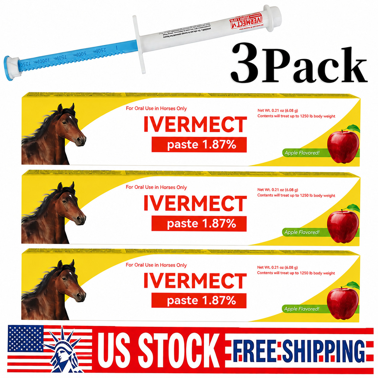 3 Pack Horse Dewormer Paste Apple Flavor Exp 01/2028 Near Expiry