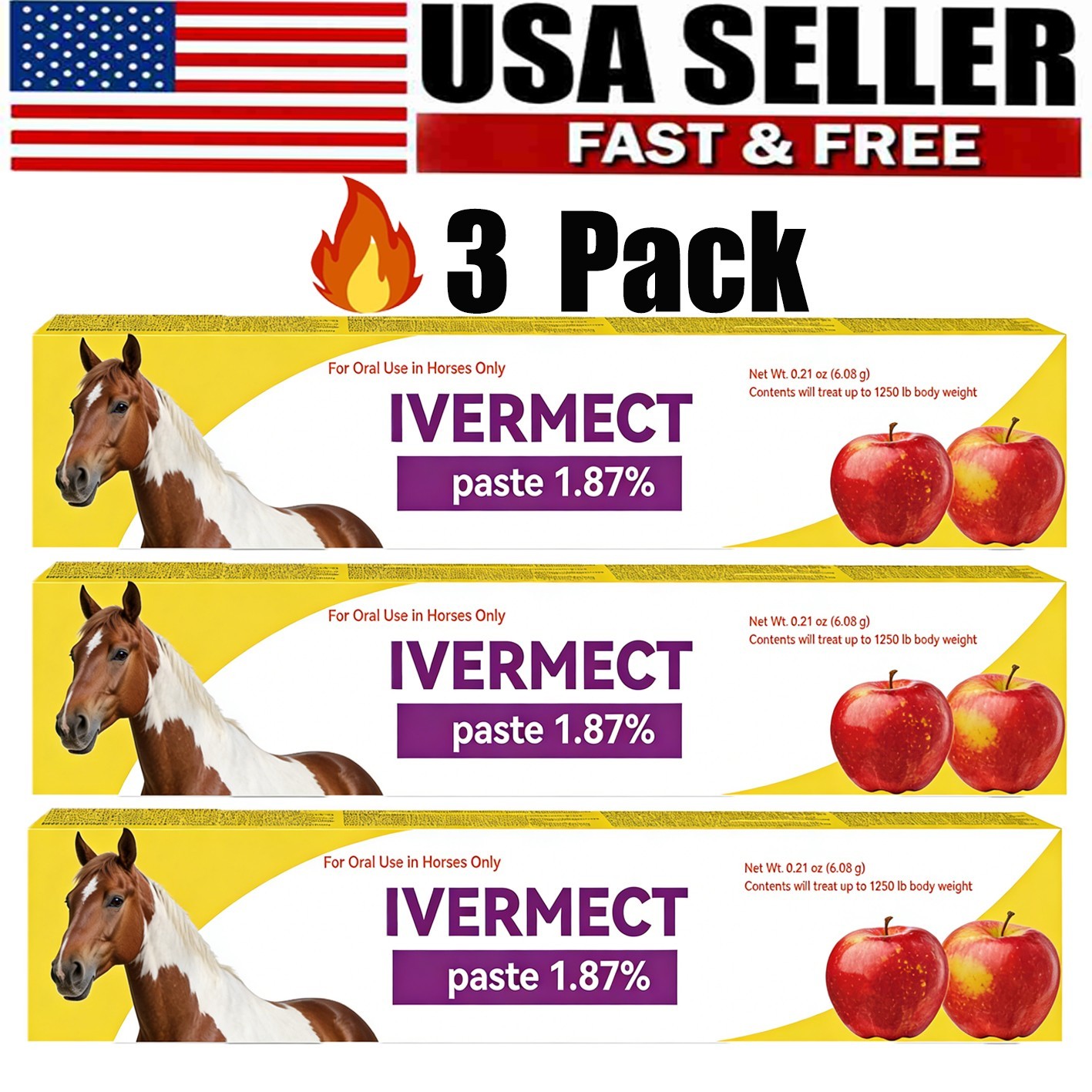 3 Pack Horse Wormer Paste Apple Flavor Fast Ship Exp 01/2028 Sale