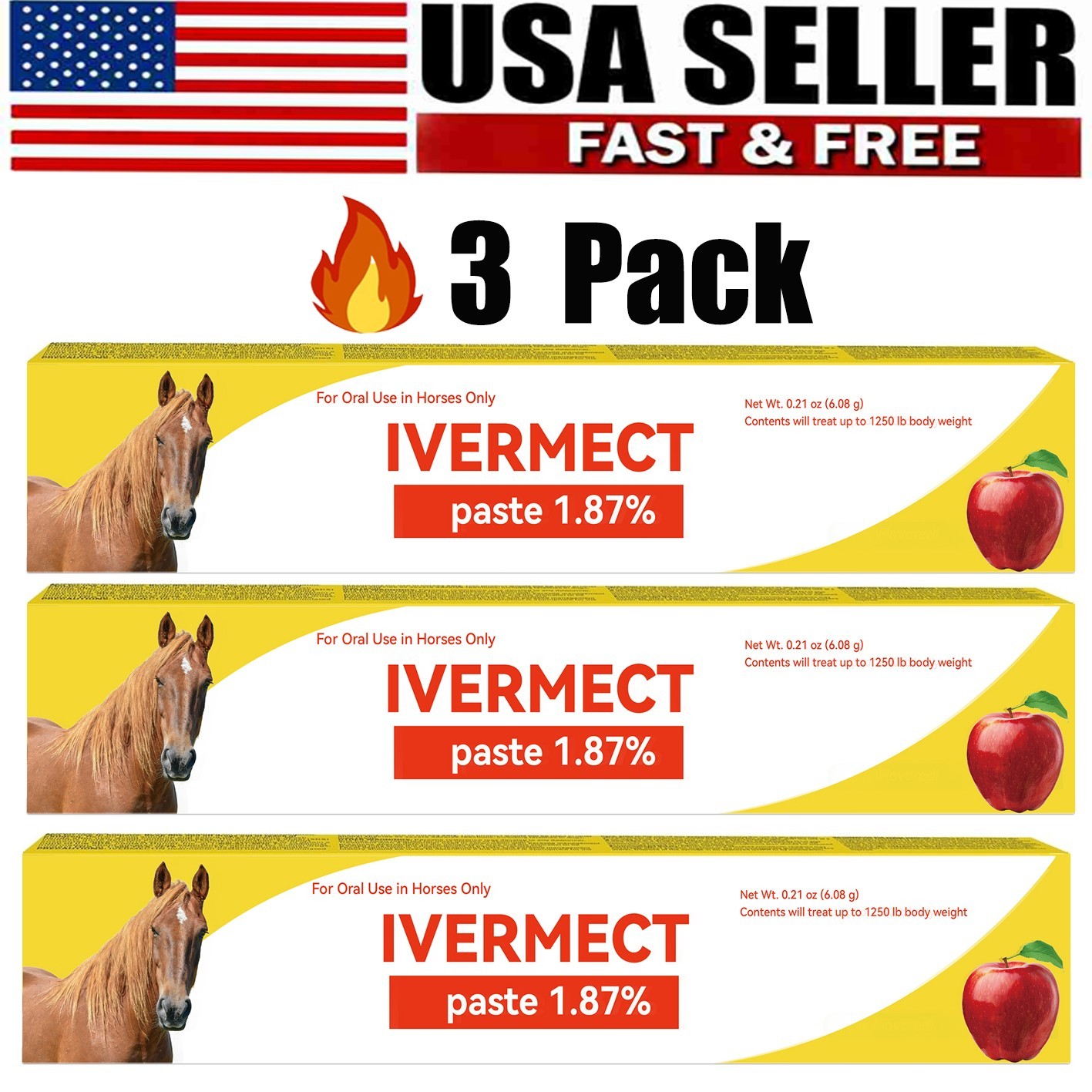 3 Pack New Paste Wormer Horse Dewormer Apple Flavor US Free Shipping EXP 1/2028
