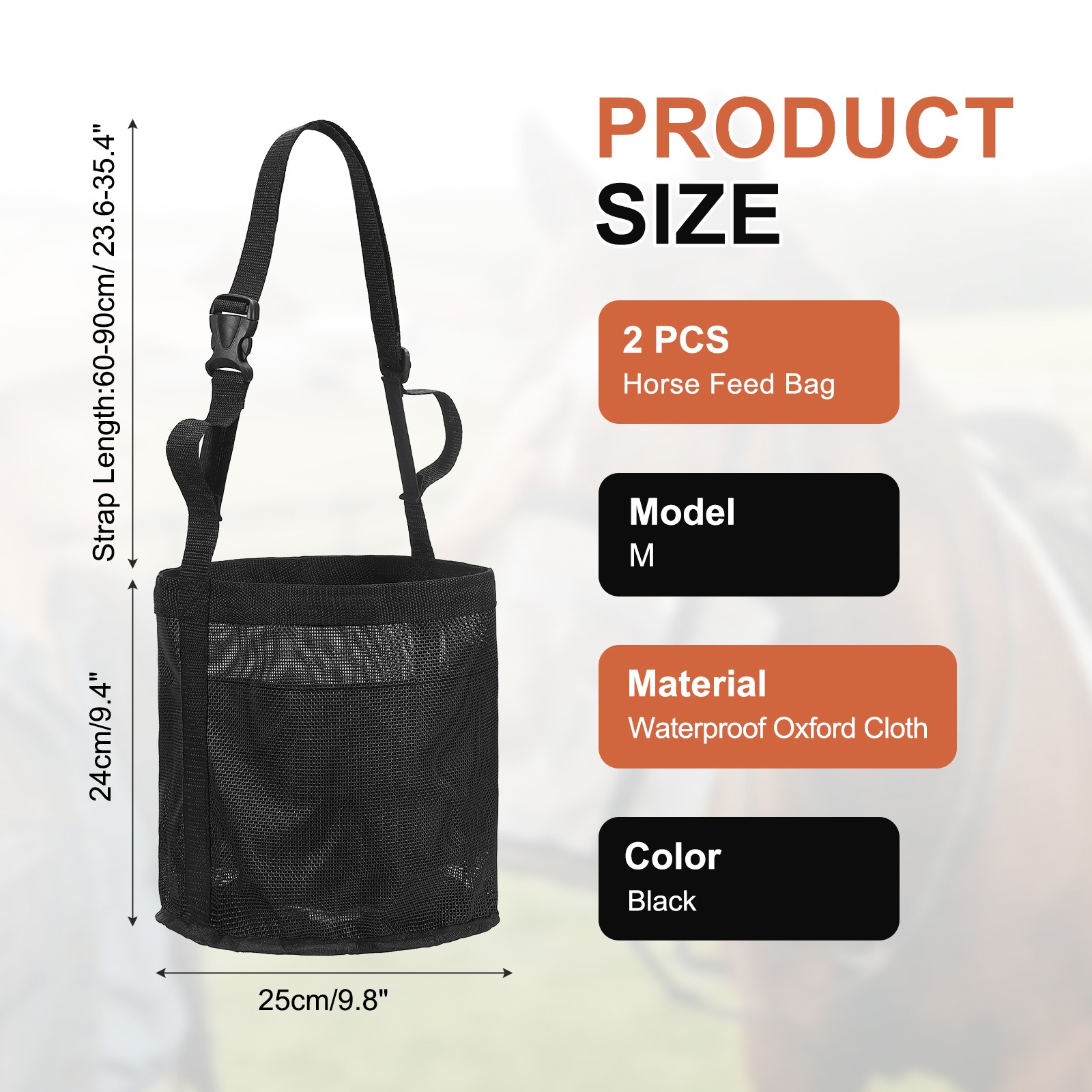 Horse Feed Bag, (Black, M,2 Pcs), Intended for Horse Feeding Grain