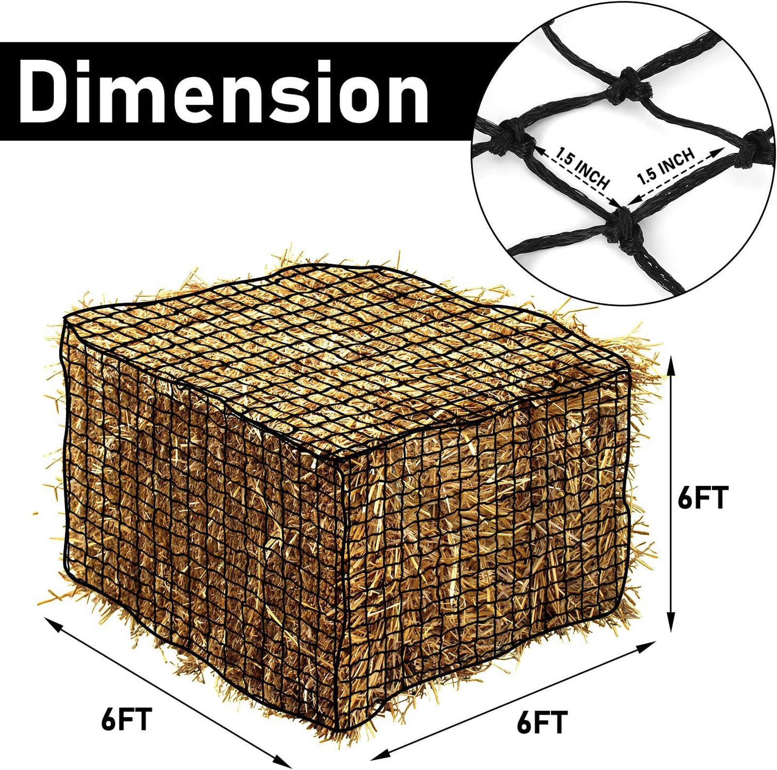 Large Round Bale Hay Net, 6×6 Ft Sturdy Hay Net Slow Feed for Horses, Fits Round