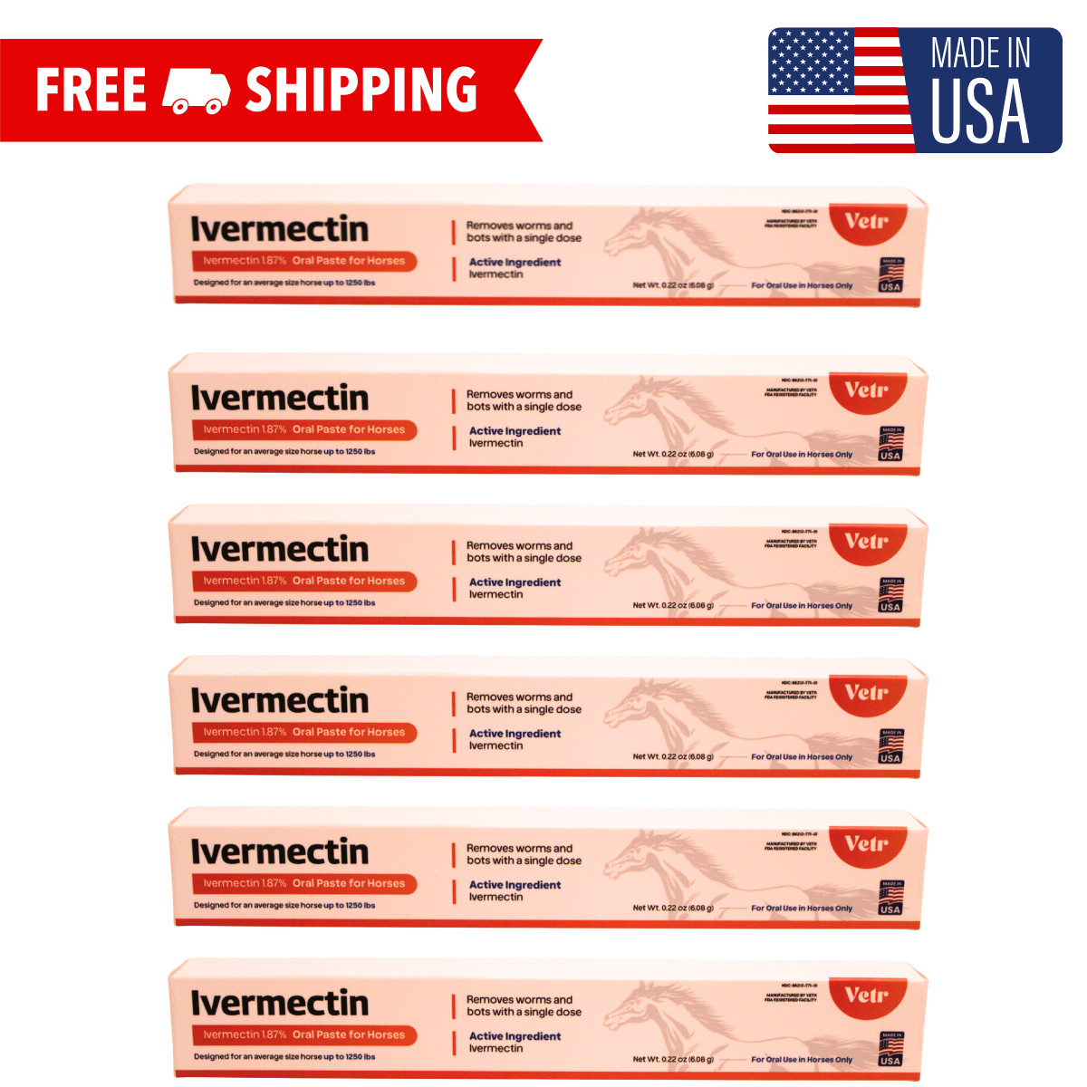 6 Pack Horse Paste Dewormer 1.87% Paste Exp 4/2028 USA