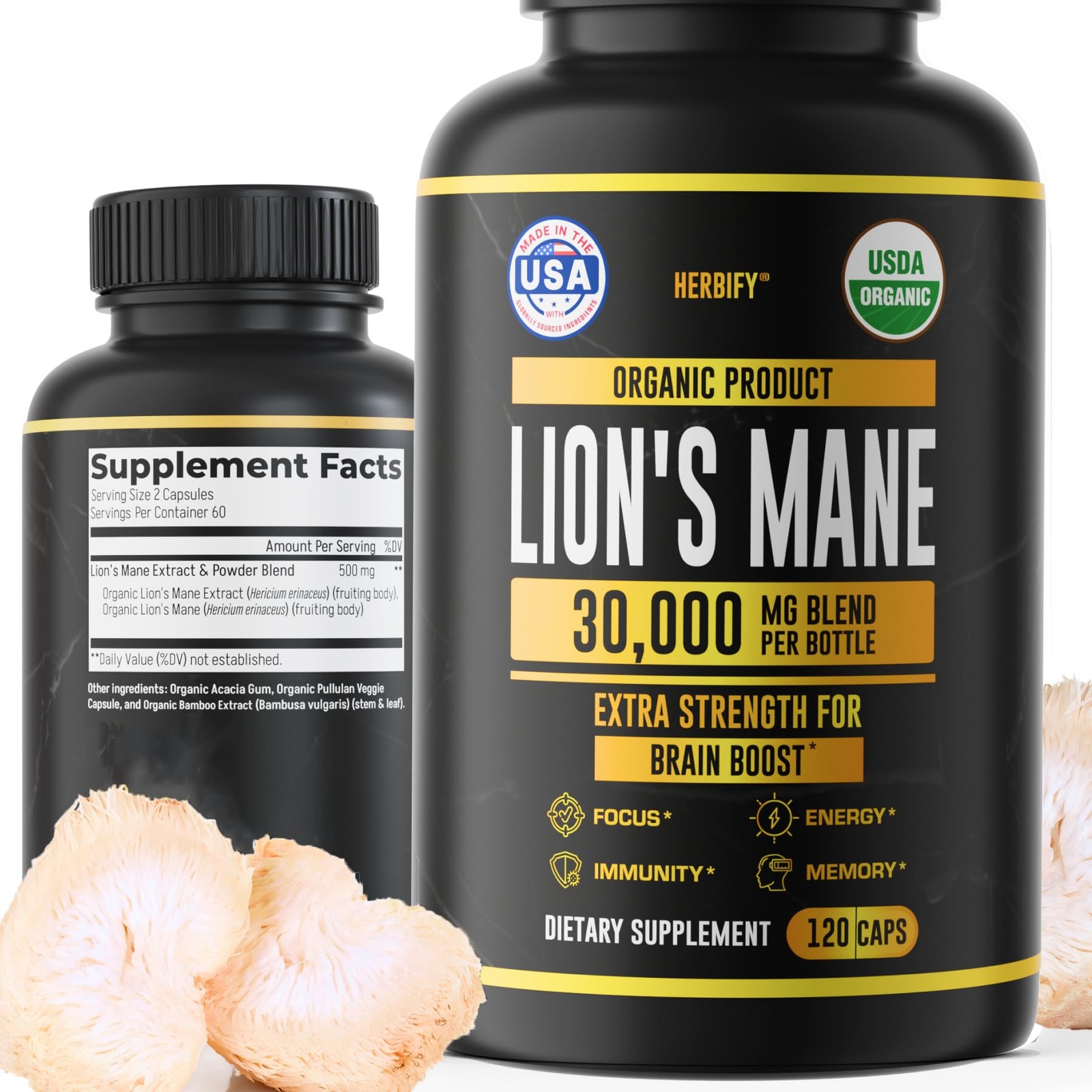 HERBIFY Lions Mane Supplement – Daily Mushroom 120 Count (Pack of 1)