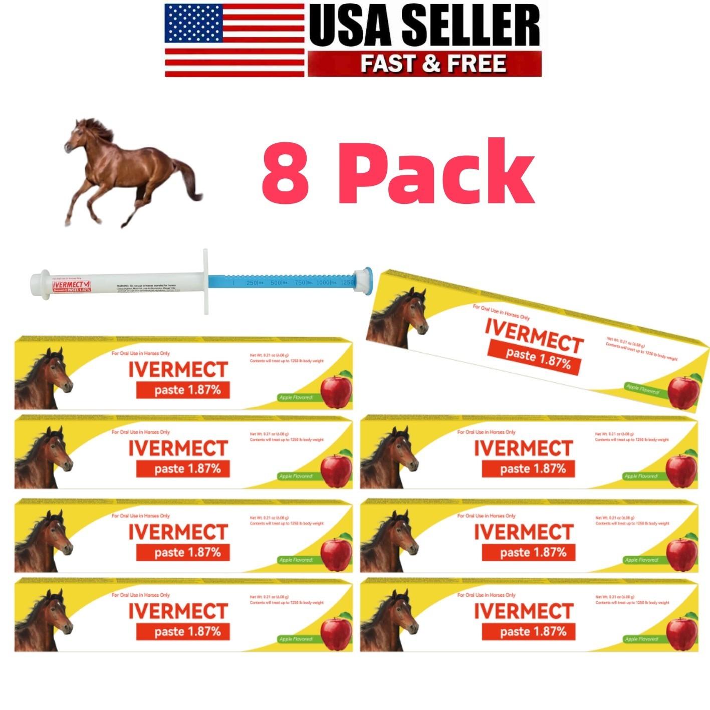 8 Pack Horse Dewormer Paste Apple Flavor Exp 01/2028 Near Expiry