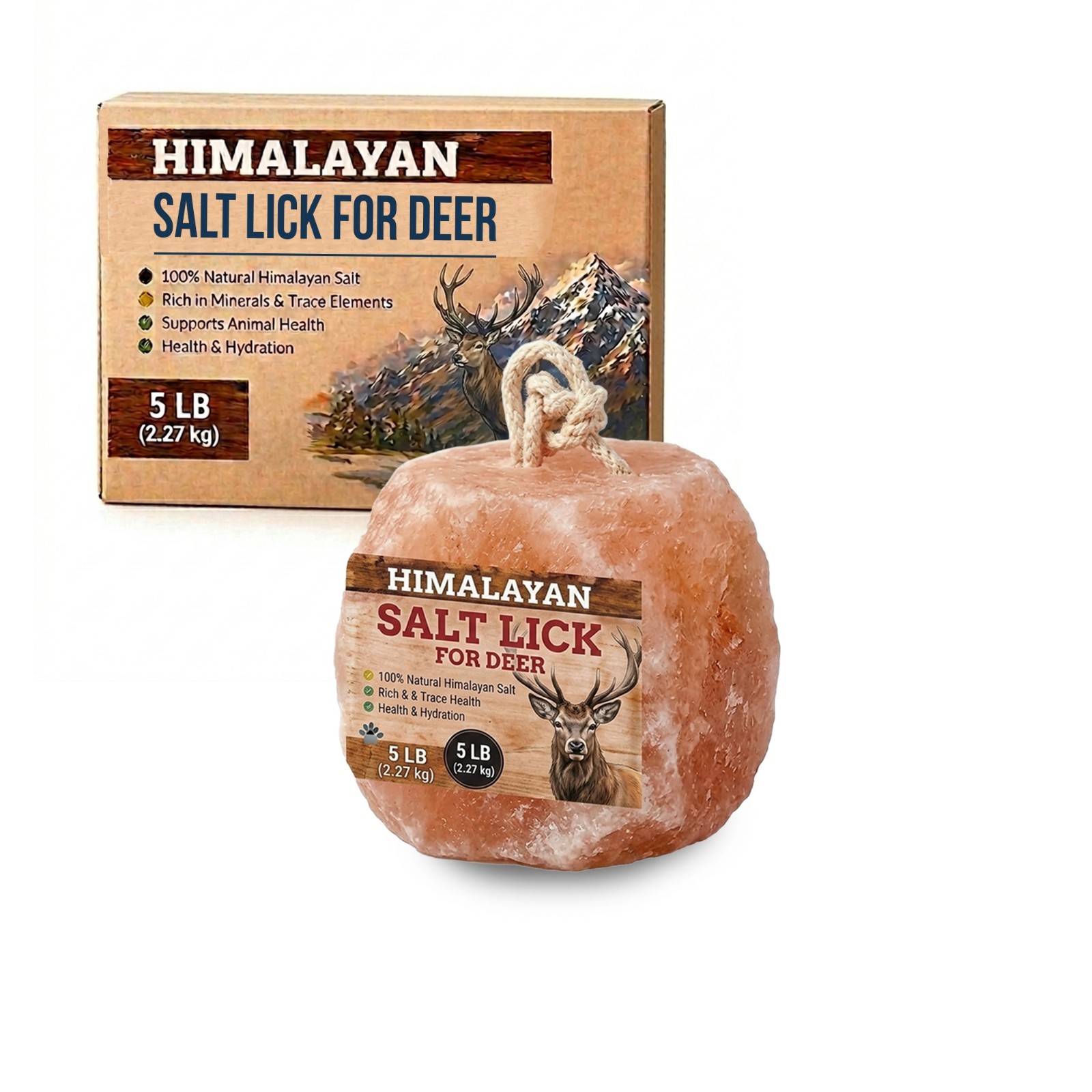 Himalayan Salt Block for Deer with Rope 5 Lb Salt Lick Deer Mineral Block Food
