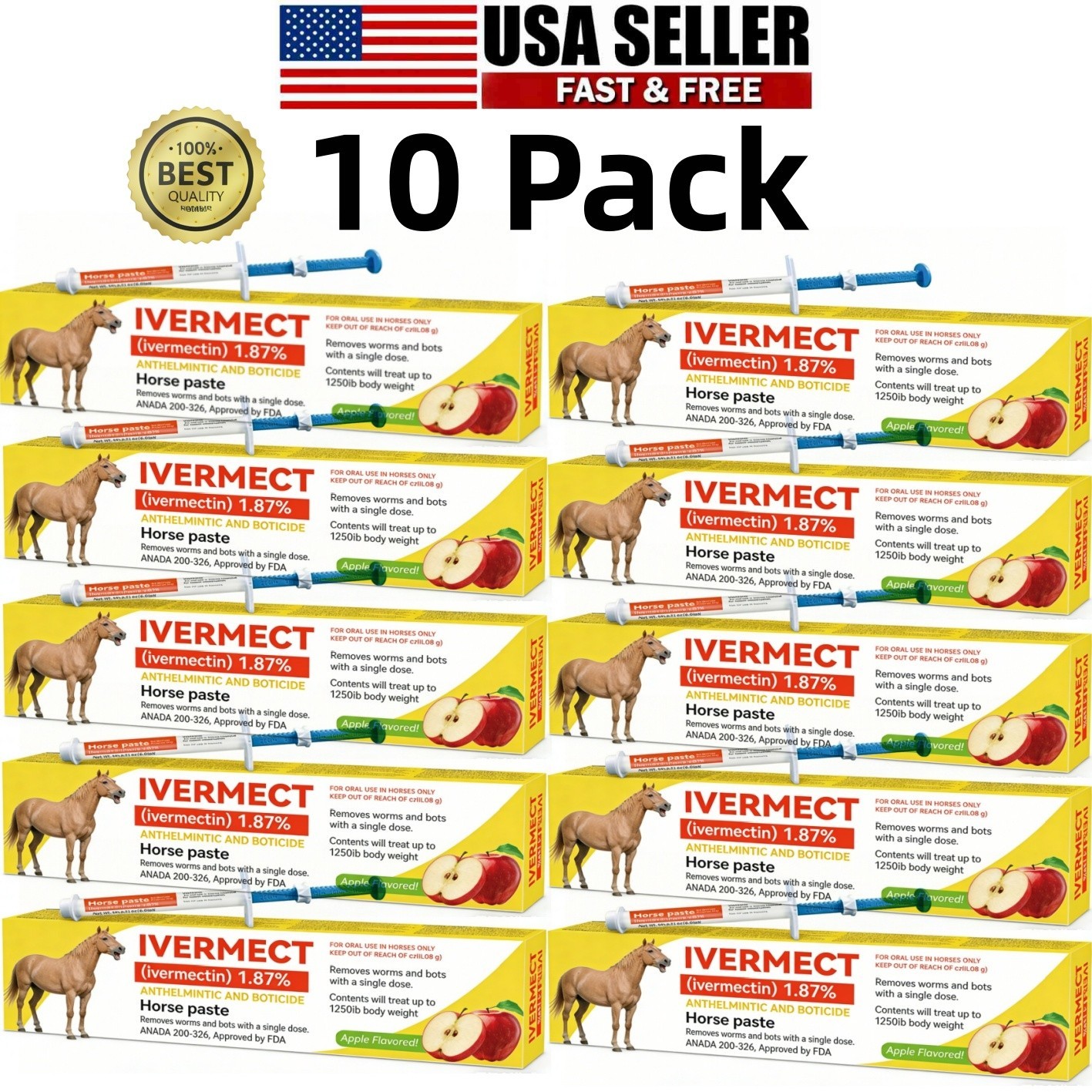 10 Pack Apple Flavor Horse Dewormer Paste Boxed Wormer Exp 01/2028