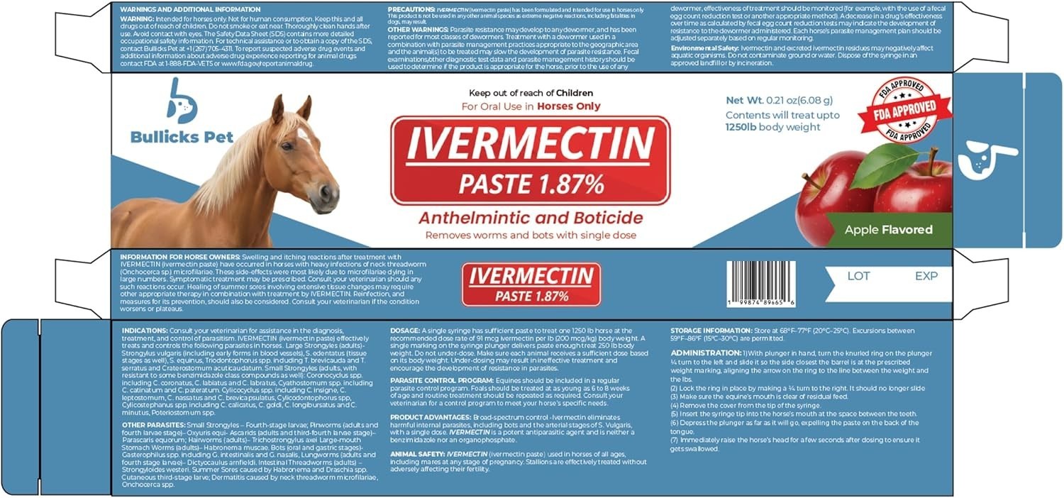 Bullicks Horse Dewormer Pack Paste Apple Flavor 0.21oz Expiry 01/2028