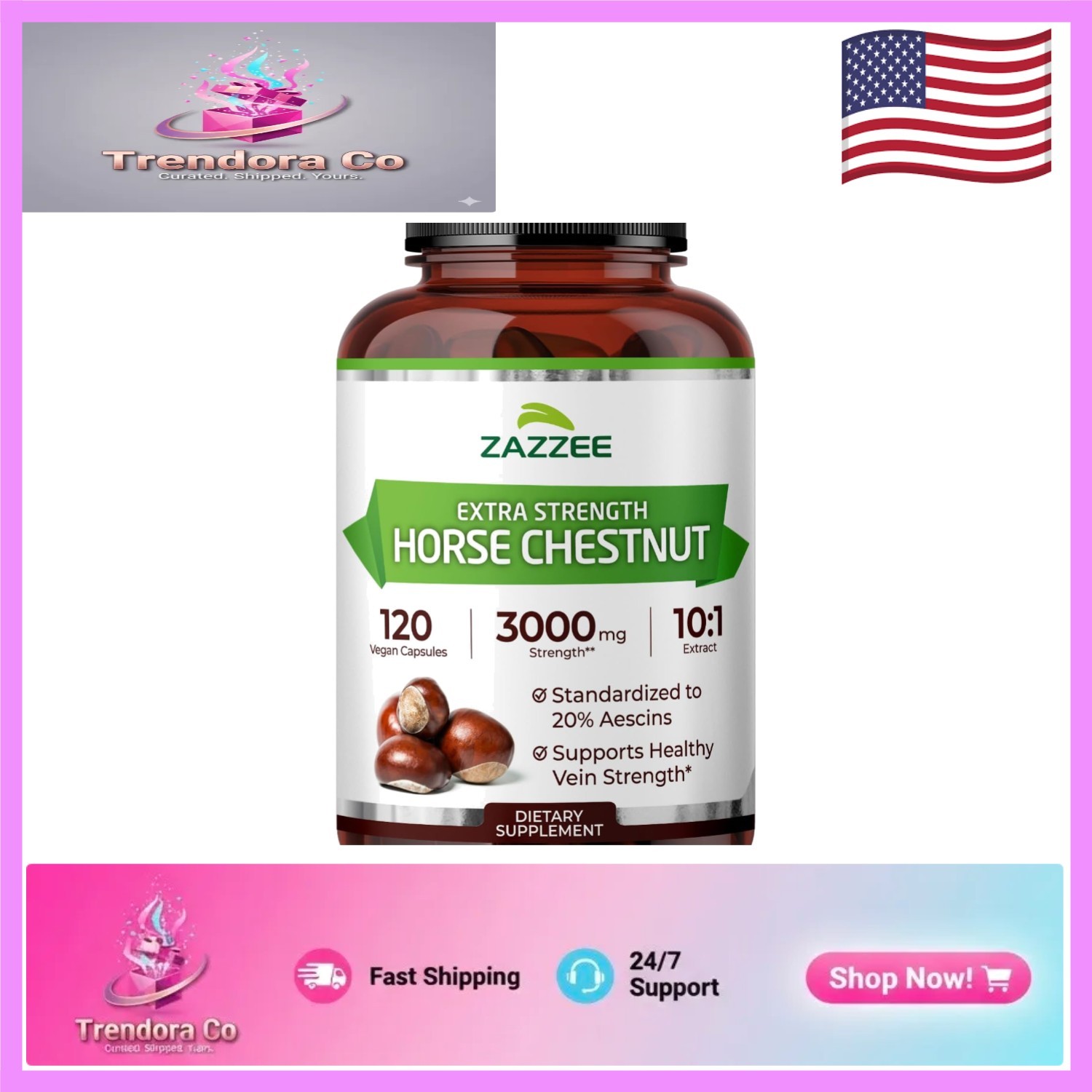 Horse Chestnut 10:1 Extract, 20% Aescins, 3000 mg Strength, 120 Capsules