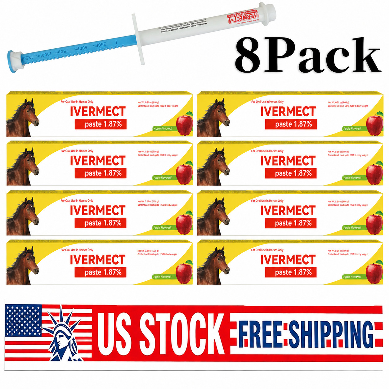 8 Pack New Paste Wormer Horse Dewormer Apple Flavor US Free Shipping
