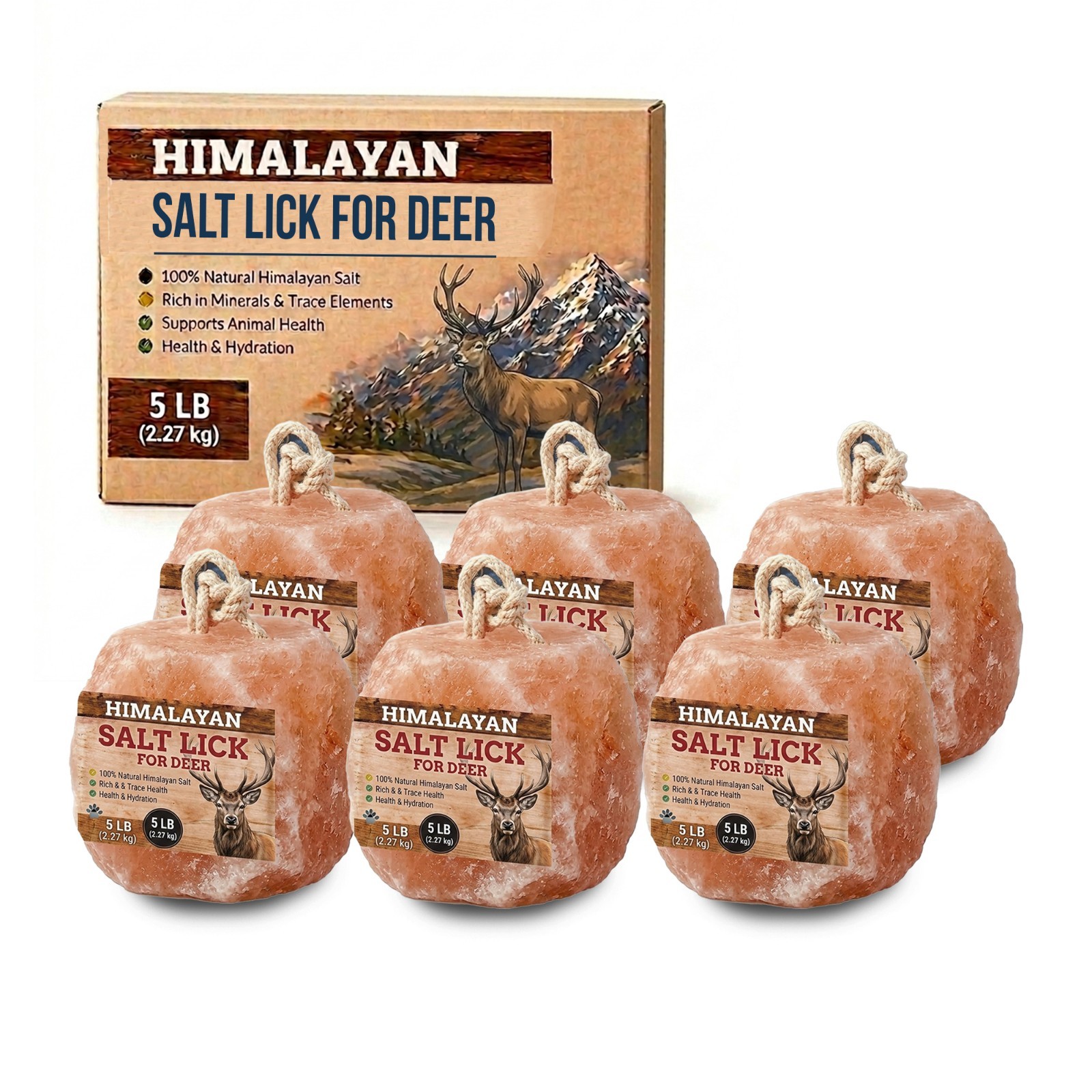 Himalayan Salt Block for Deer with Rope 5 Lb Salt Lick Deer Mineral Block 6 Pack