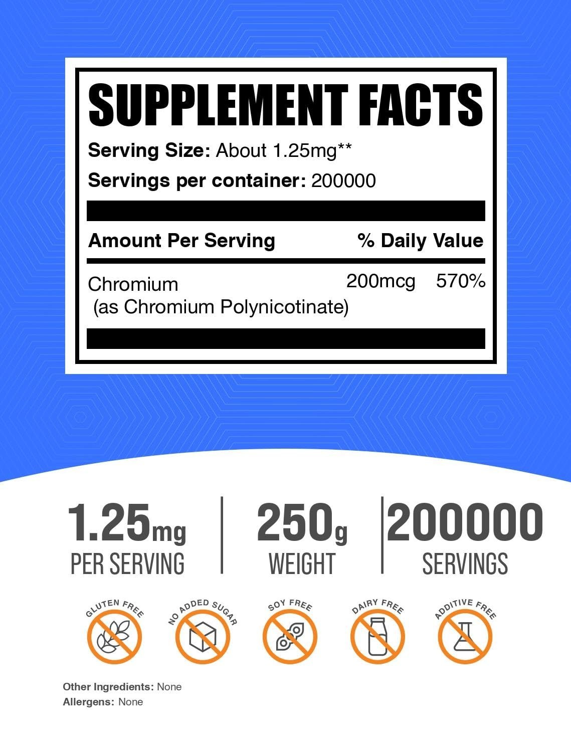Chromium GTF Powder – Gluten Free Chromium Polynicotinate, 250g (8.8 oz) – 1.25m