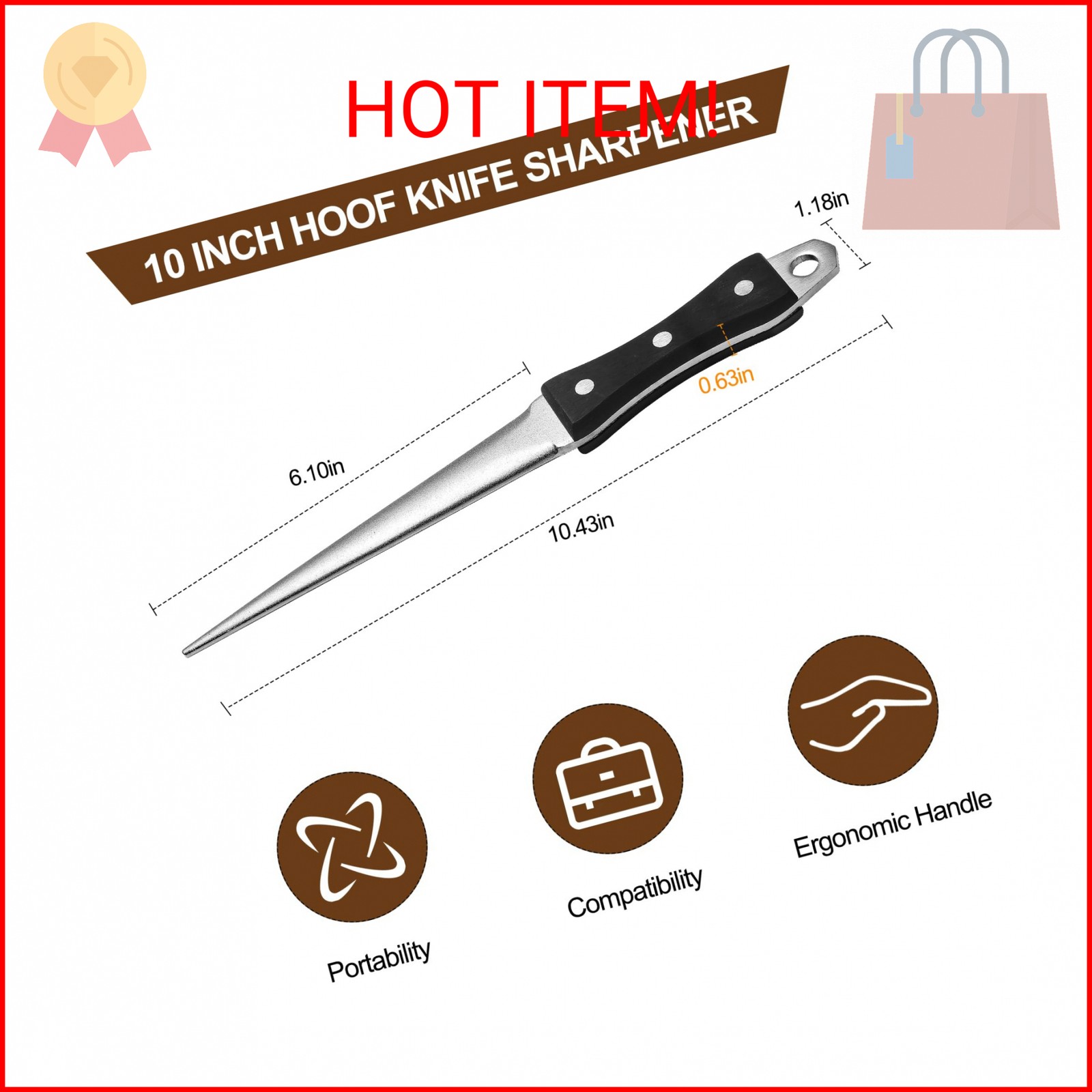 Hoof Knife Sharpener, 10 Inch Farrier Tool Honing Rod for Hoof Knives