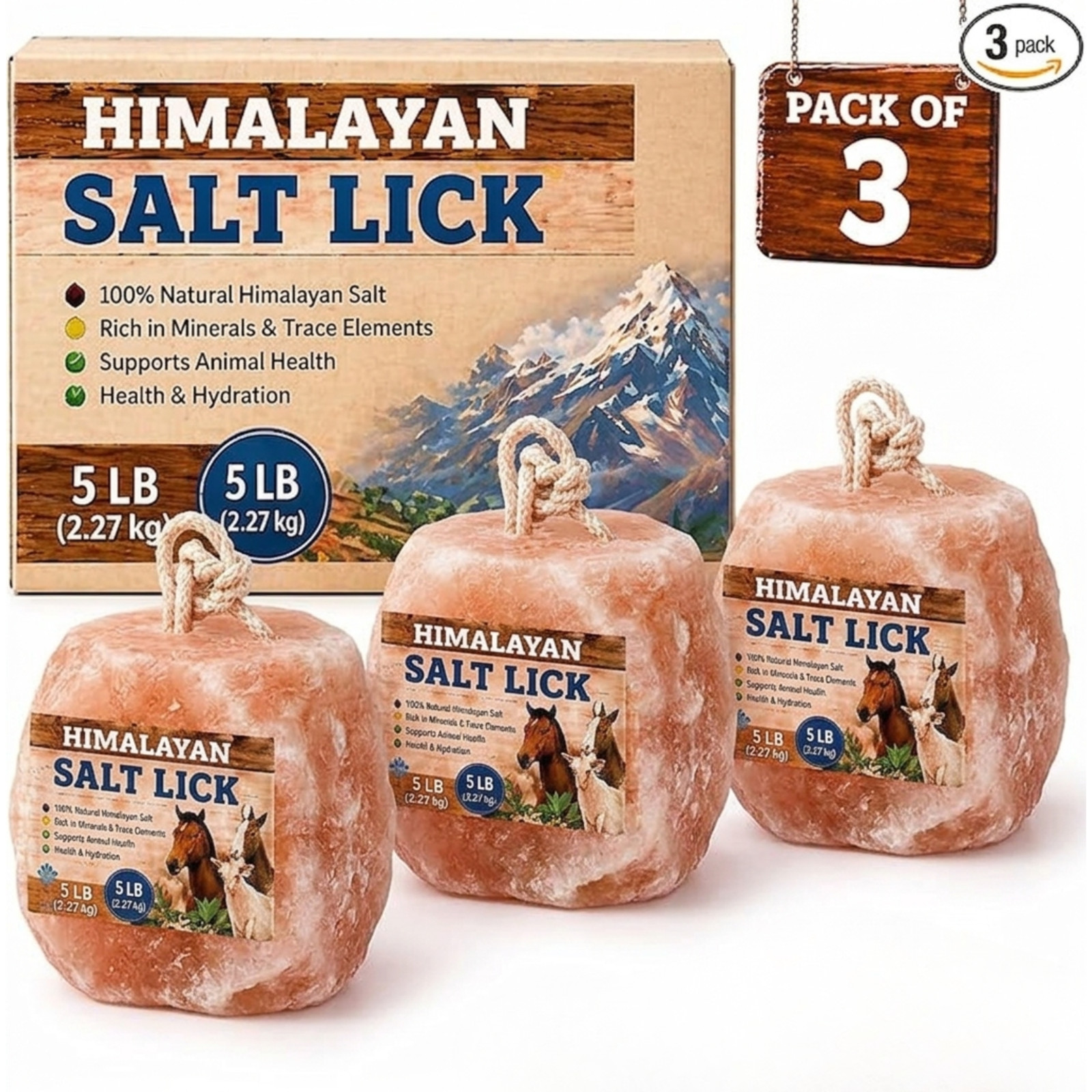Salt Lick-Himalayan salt lick block with rope 6lbs pack of 3 for horses & animal