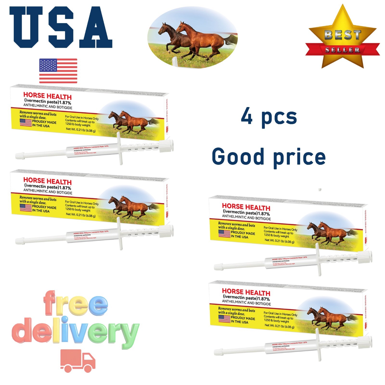 US Warehouse: 4 Pack Dewormer Paste for Horses – Apple Flavor 1/2028