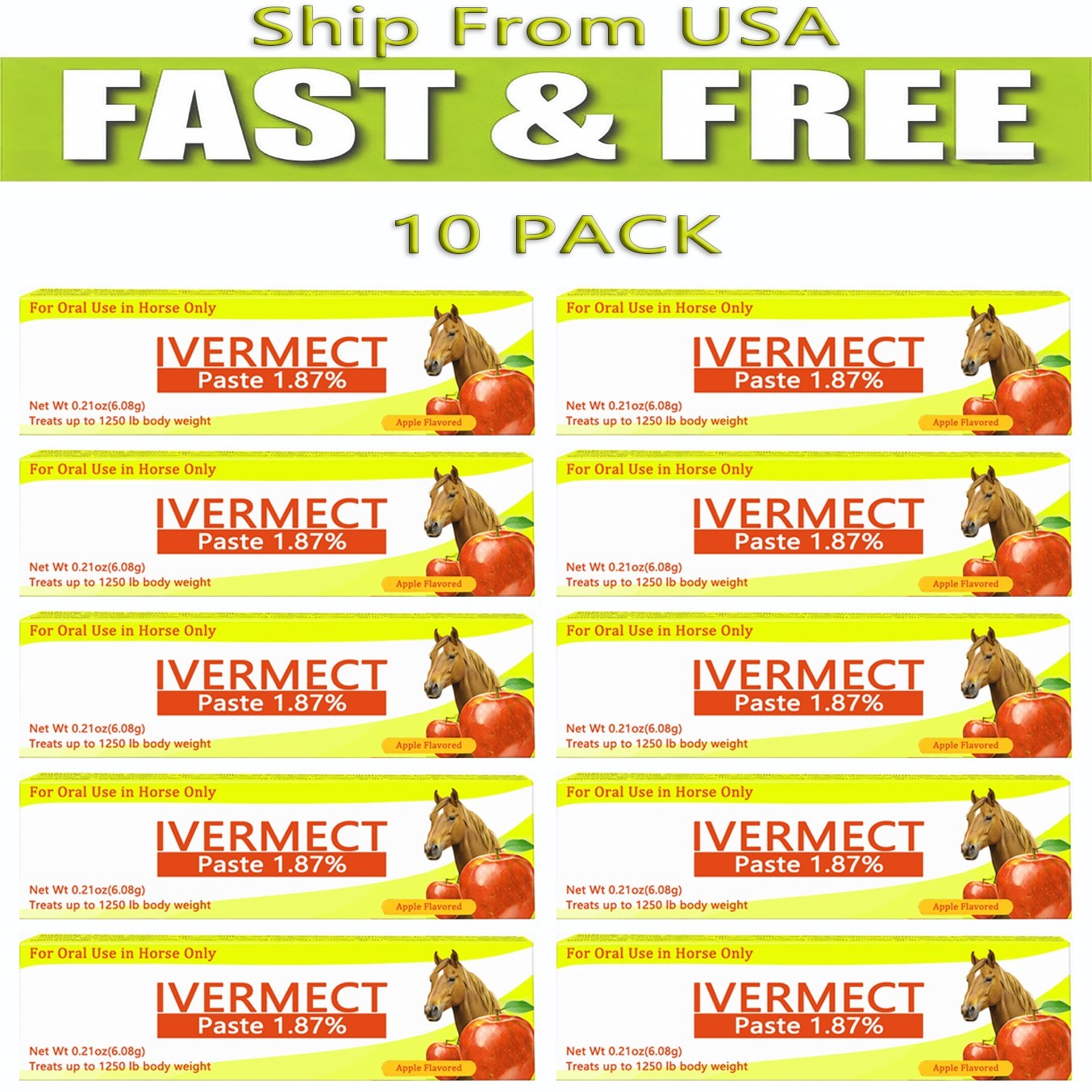 10 Pack Apple Flavor Dewormer – For Horses, Fast USA Ship-Horse Dewormer Paste