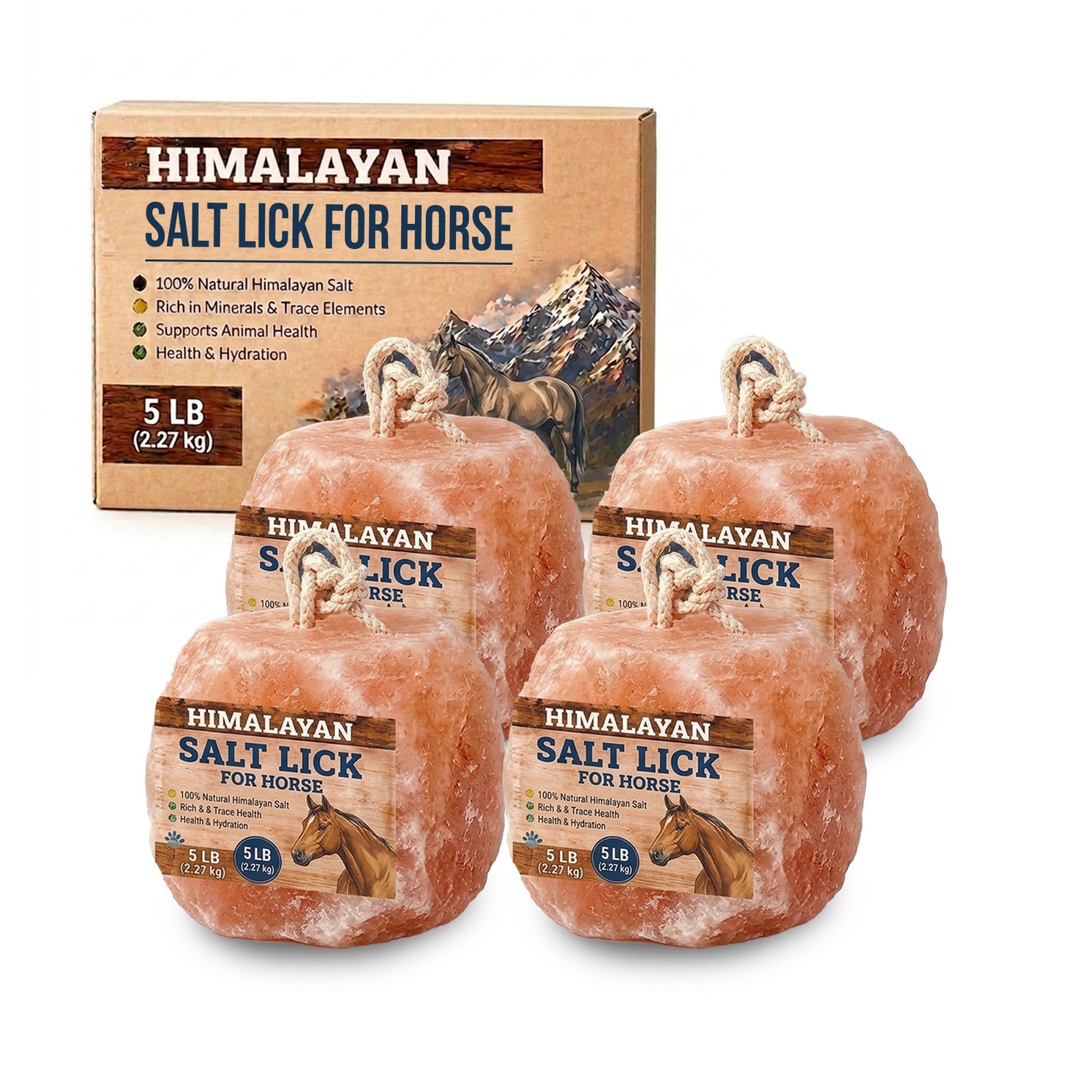 Himalayan Salt Lick for Horses with Rope Natural 5lb Salt Block for Horse 4 pack