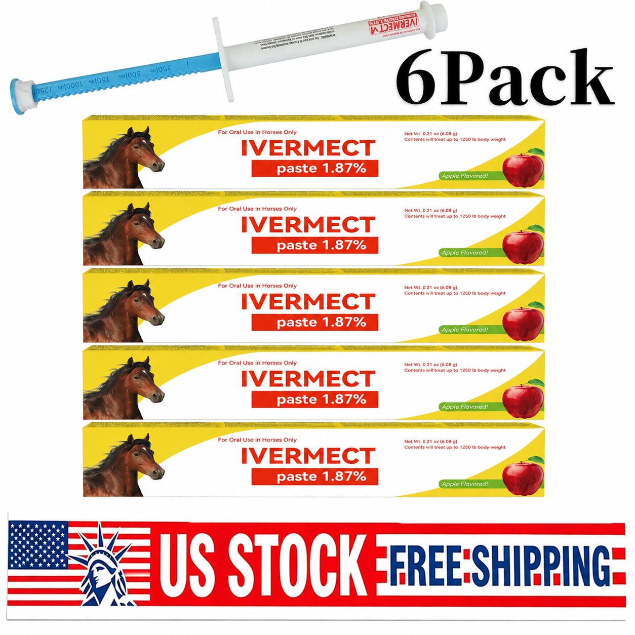 6 Pack New Paste Wormer Horse Dewormer Apple Flavor US Free Shipping EXP01/2028