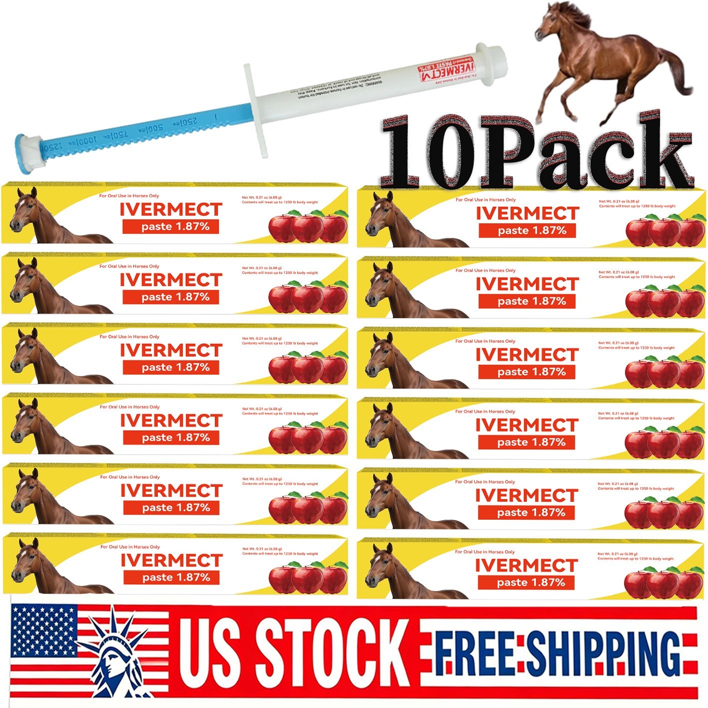 10 Pack New Paste Wormer Horse Dewormer Apple Flavor US Free Shipping EXP 1/2028