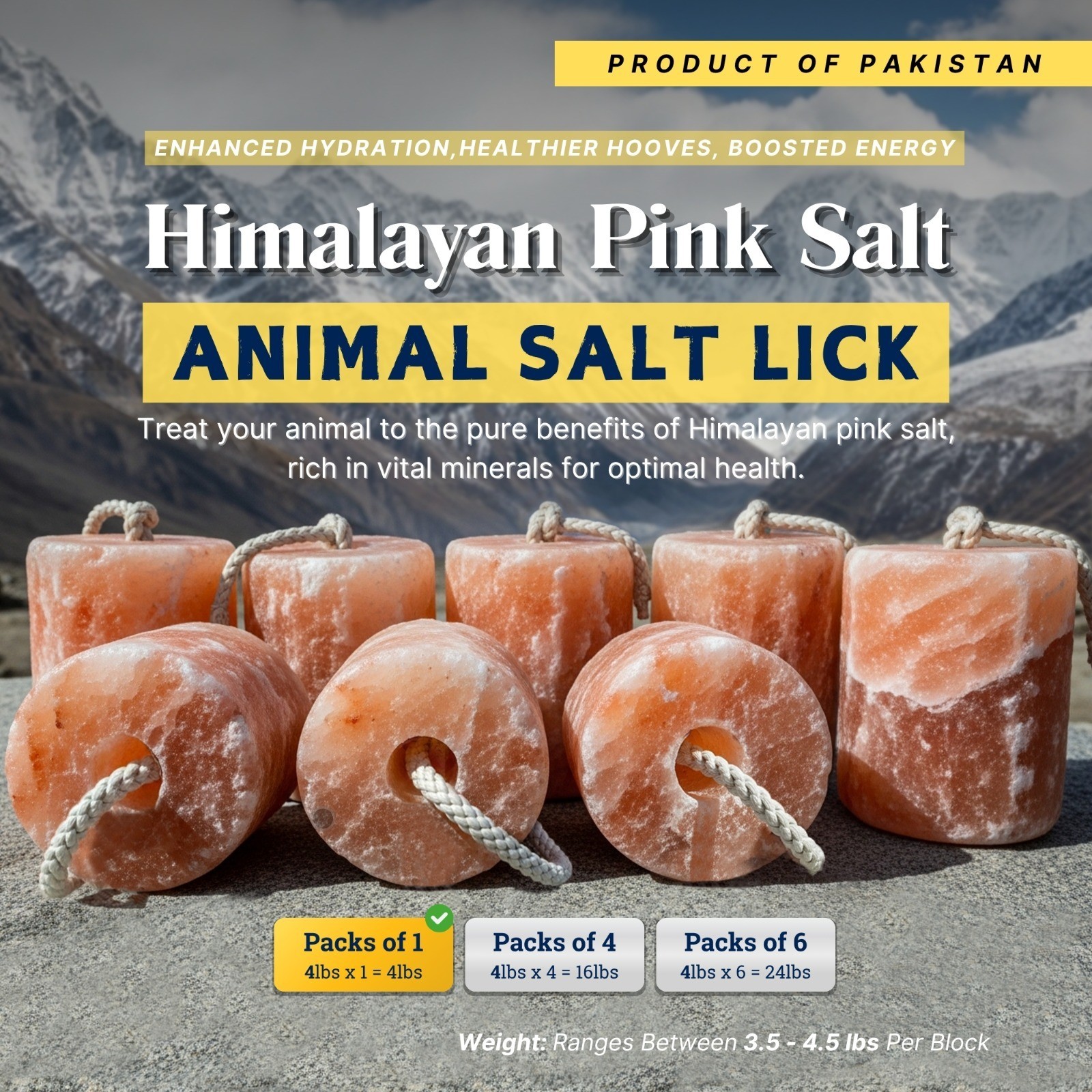 Himalayan Salt Lick Block for Horses Goats Deer – 4lbs w/Rope – Pack of 1, 4, 6