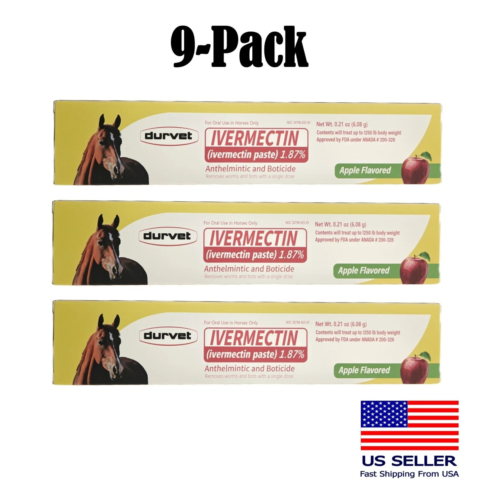 Lot of 9 Horse Dewormer Paste 1.87% – Apple Flavor – EXP: 10/2027+