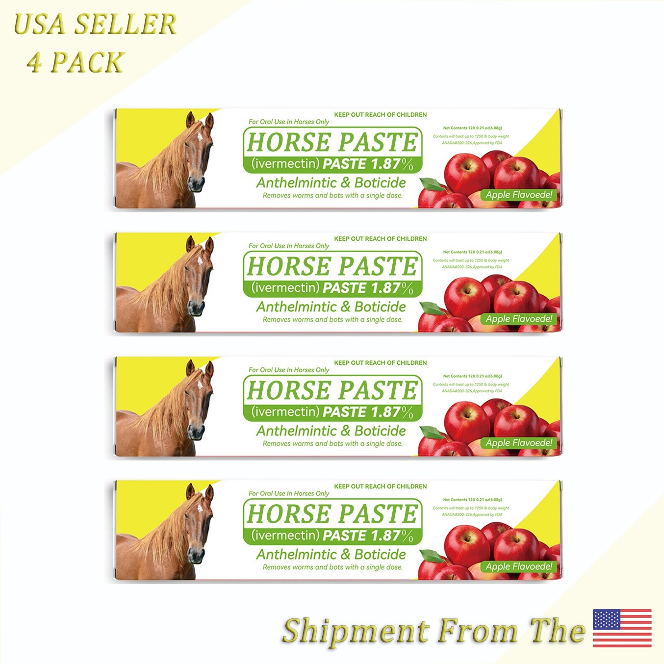 4 Pack Apple Flavor Horse Dewormer – Ships from USA, Ready to Use 1/2028