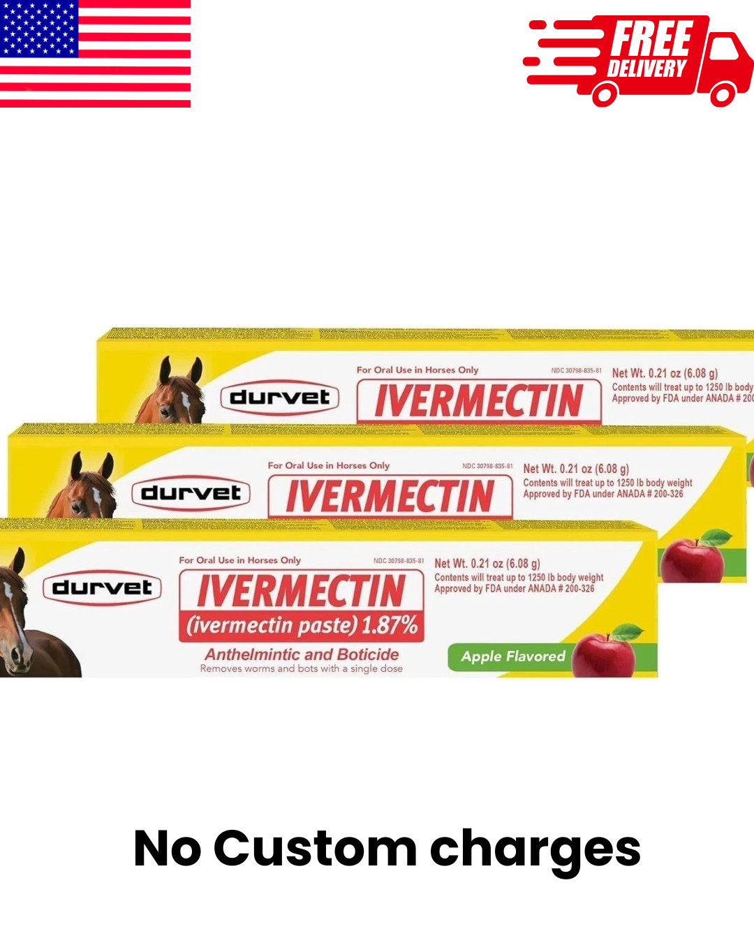 Pack of 3 Durvet Horse Dewormer Paste 1.87% Apple