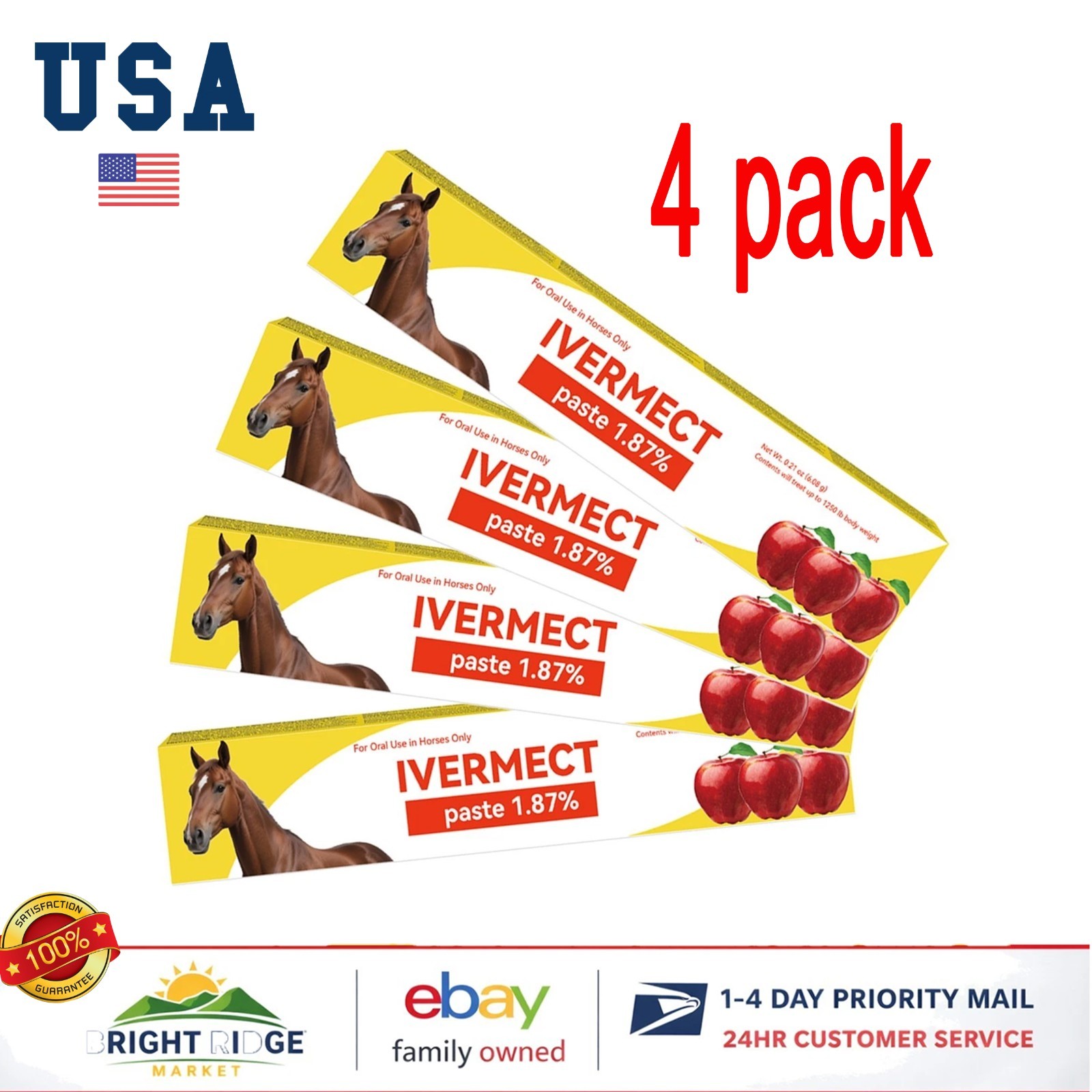 4 Pack Horse Dewormer Paste Apple Flavor Exp 01/2028 Near Expiry