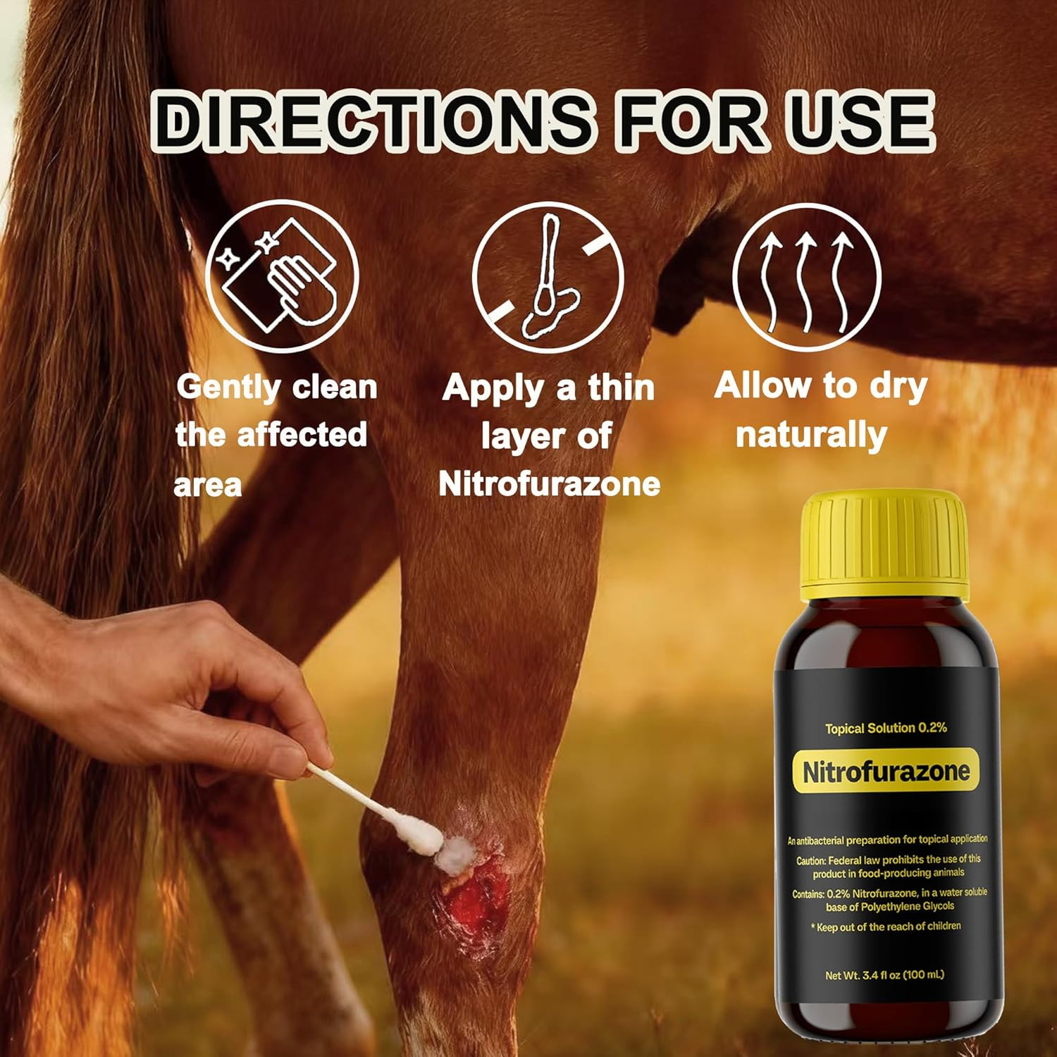 Treatment for Horses, Nitrofurazone, Natural Equine Wound Care,100Ml
