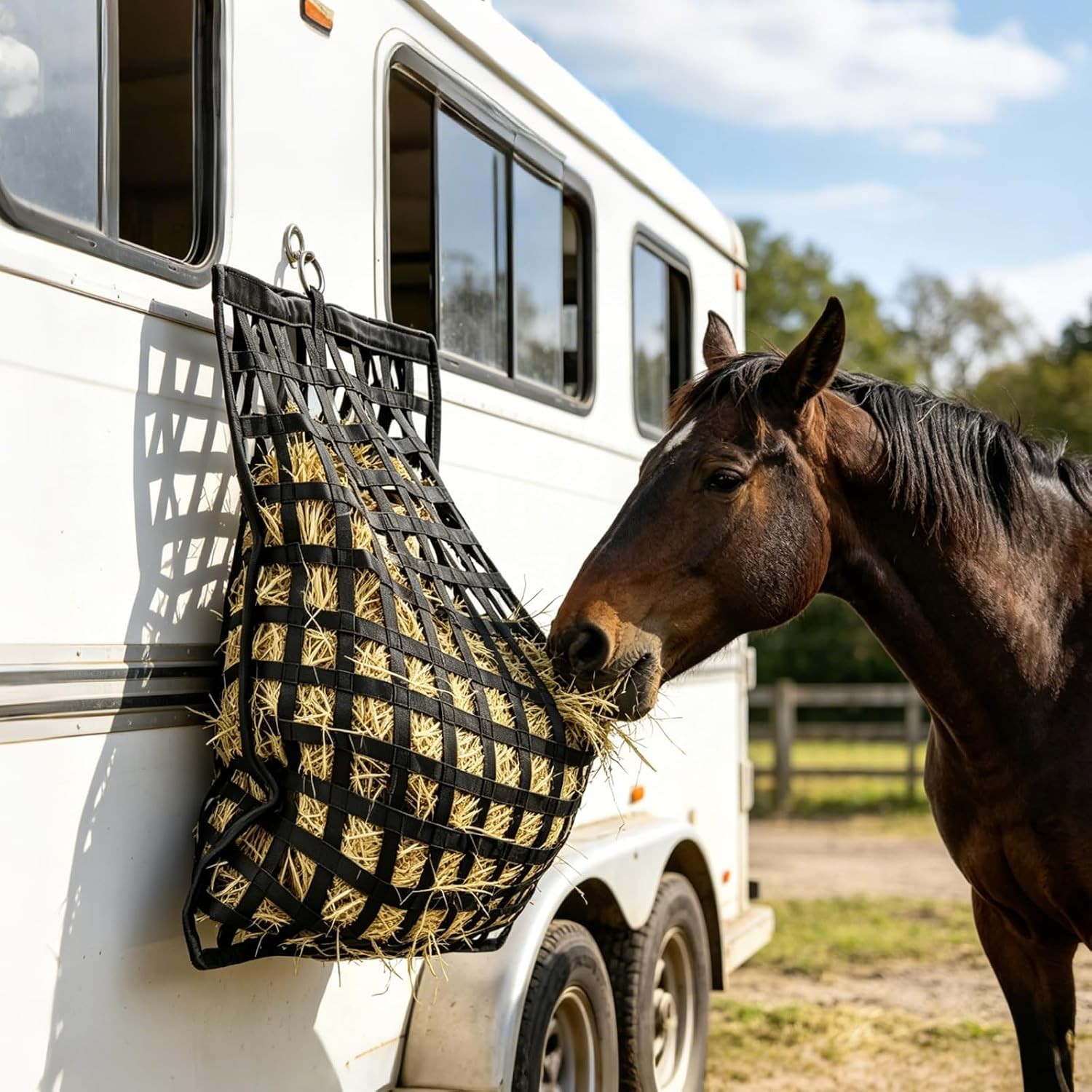 Slow Feed Hay Net for Horses,37 x 30 Inch,Black ,2″ Hole Horse Livestock Feeder
