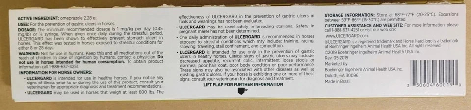 ULCERGARD Oral Paste for Horse Stomach Ulcers 1.8mg .22oz 4 DOSE New GENUINE..