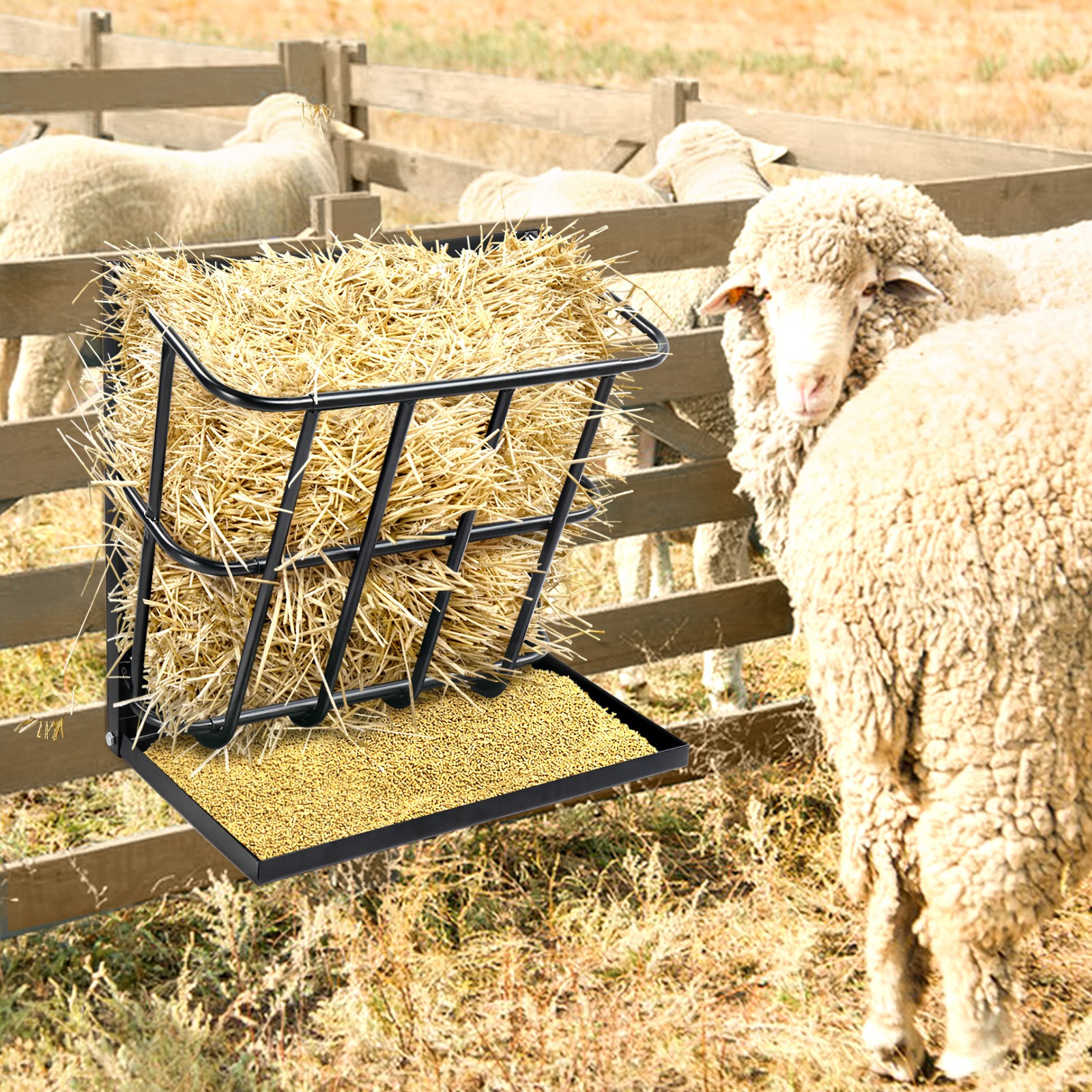 2in1 Hay Feeder Detachable Grain Tray Goat Sheep Livestock Wall Mount Steel Rack
