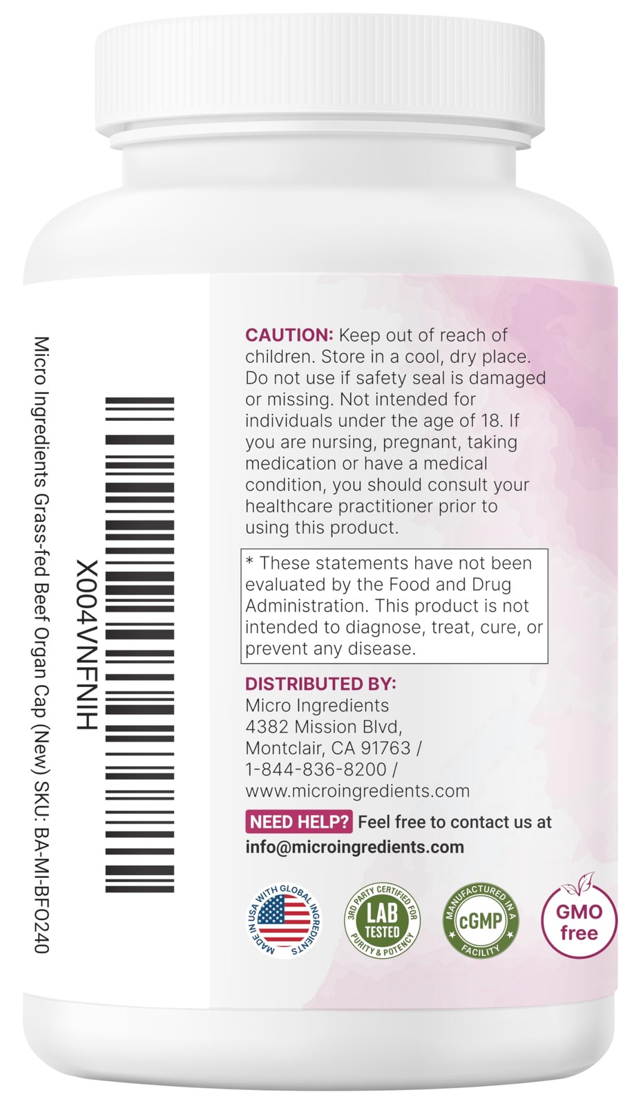 Micro Ingredients Grass‑Fed Beef Organ Supplement for 240 Count (Pack of 1)