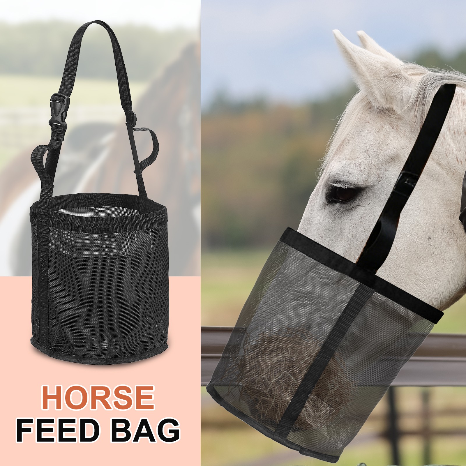 2Pcs Horse Feed Bag Black/Grey M Intended for Horse Feeding Grain
