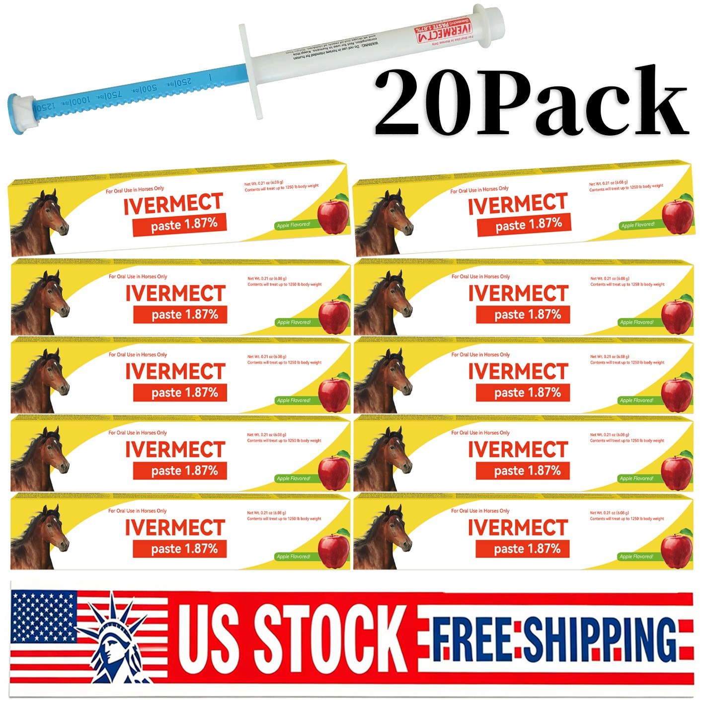20 Pack New Paste Wormer Horse Dewormer Apple Flavor US Free Shipping EXP 1/2028