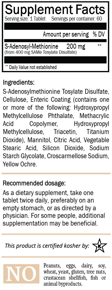 SAM-e 200mg Daily Supplement – Vegan, Kosher, Non-GMO, Soy Free, Gluten Free – 6