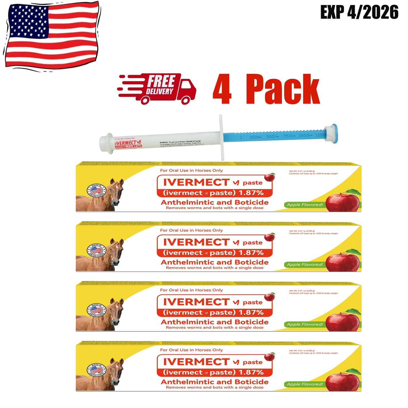 4 Pack In Box Paste Horse Dewormer Apple Flavor wormer EXP 01/2028