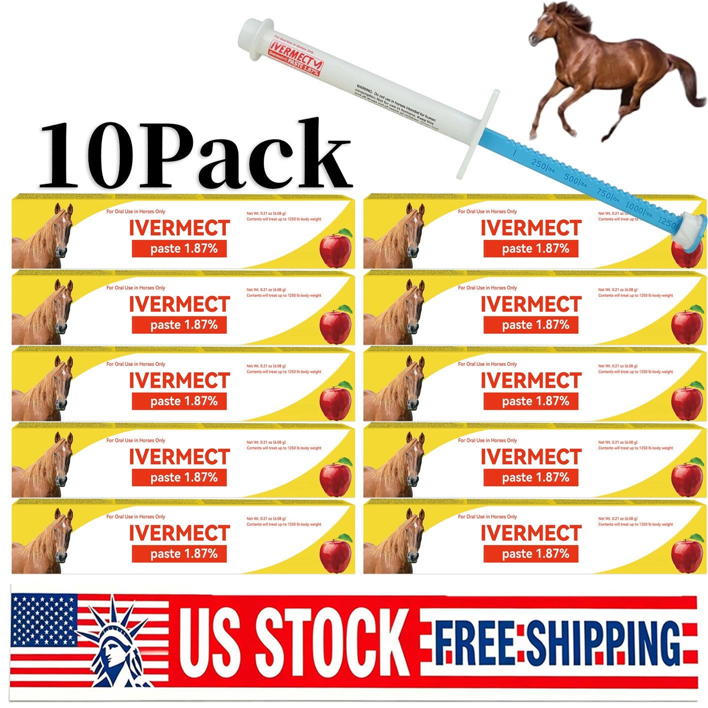 10 Pack New Paste Wormer Horse Dewormer Apple Flavor US Free Shipping NEW