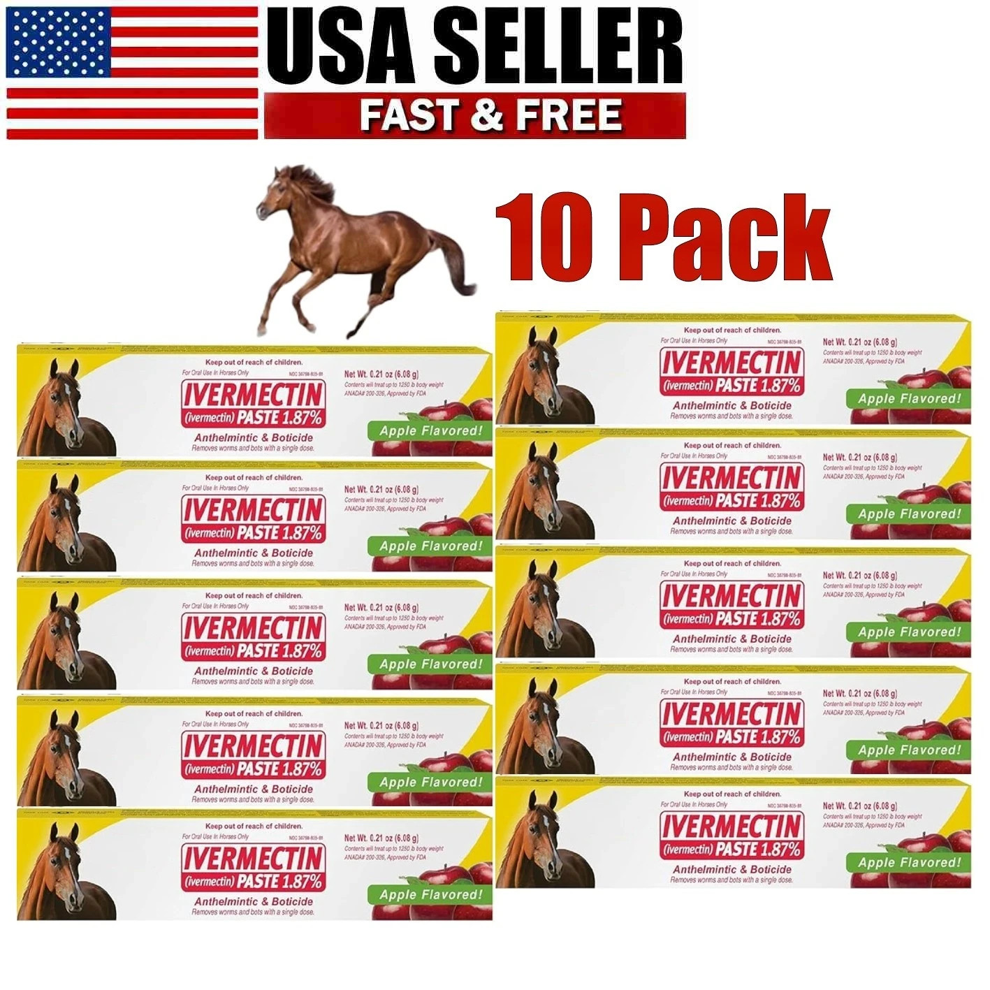 10 Pack Apple Flavor Horse Dewormer Paste Boxed Wormer Exp 10/2027