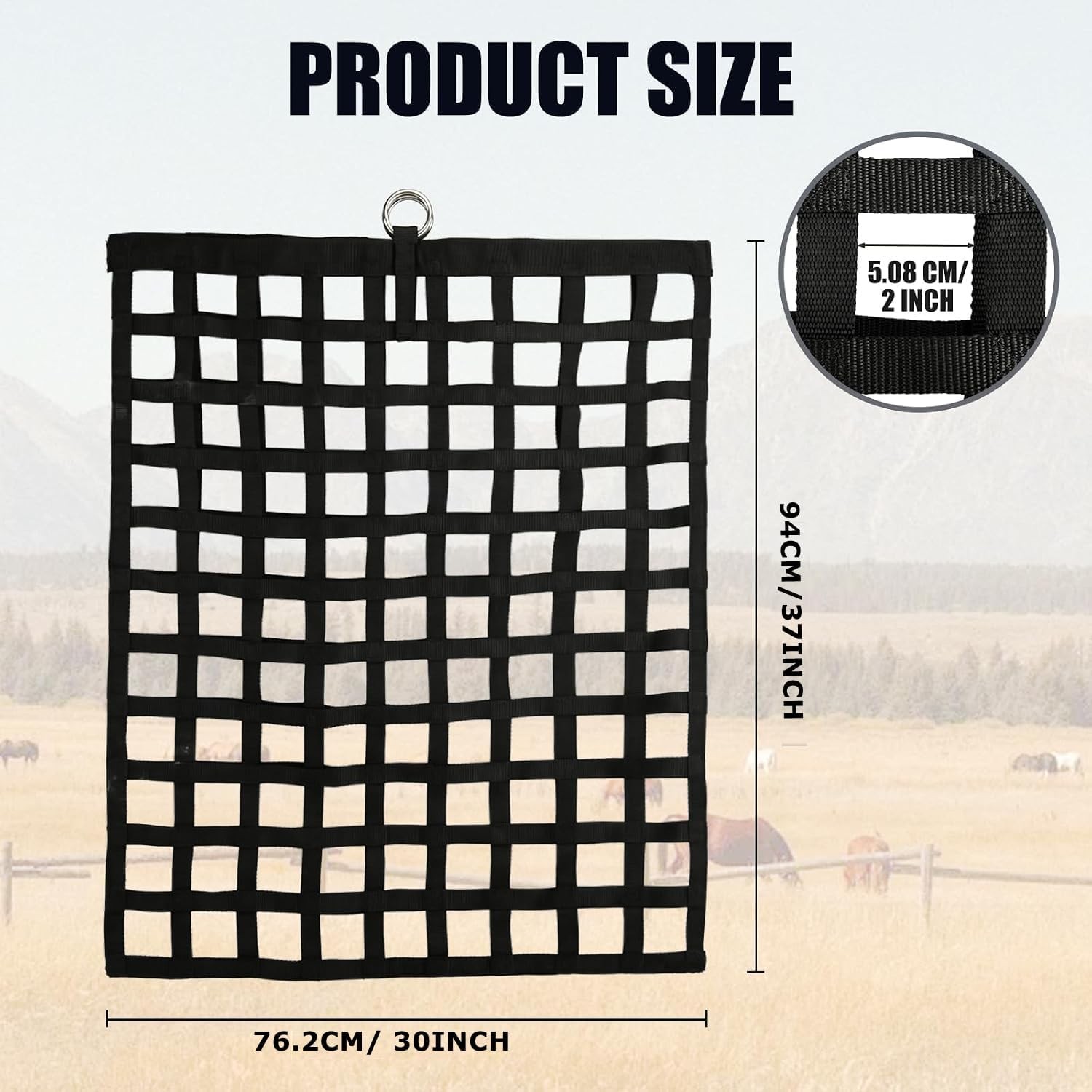 Slow Feed Hay Net for Horses,37 x 30 Inch,Black ,2″ Hole Horse Livestock Feeder