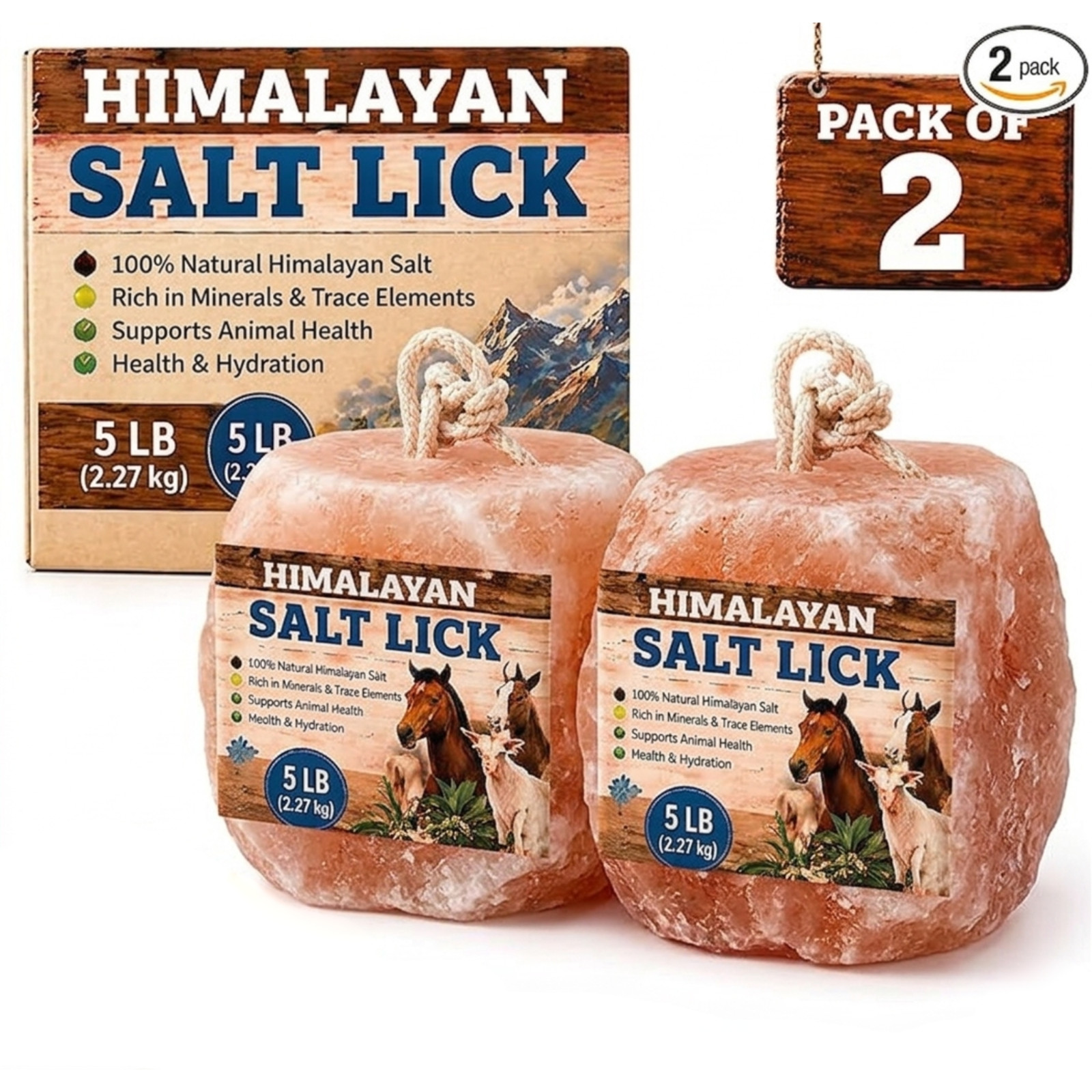 Salt Lick-Himalayan salt lick block with rope 6lbs pack of 2 for horses & animal