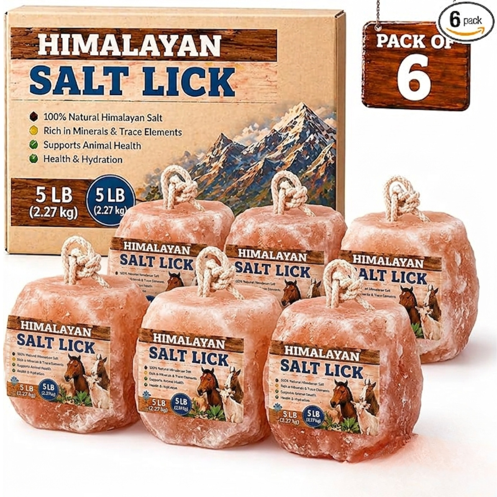Salt Lick-Himalayan salt lick block with rope 6lbs pack of 6 for horses & animal