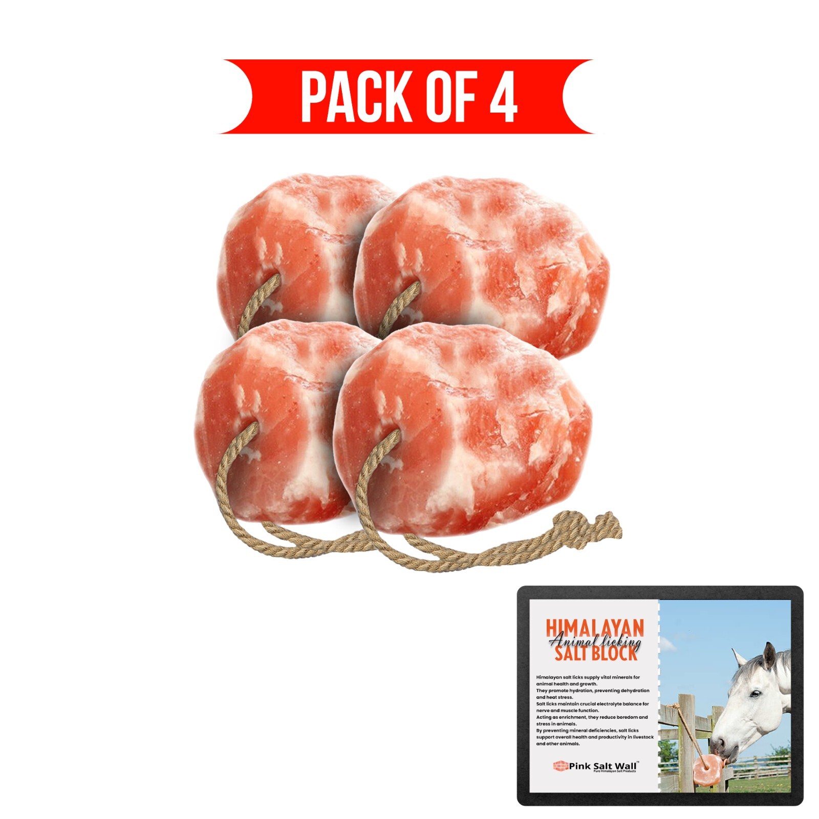 Salt Lick Block 5 to 6lbs Each With Rope For Animal Horse, Sheep, Deer Pack of 4