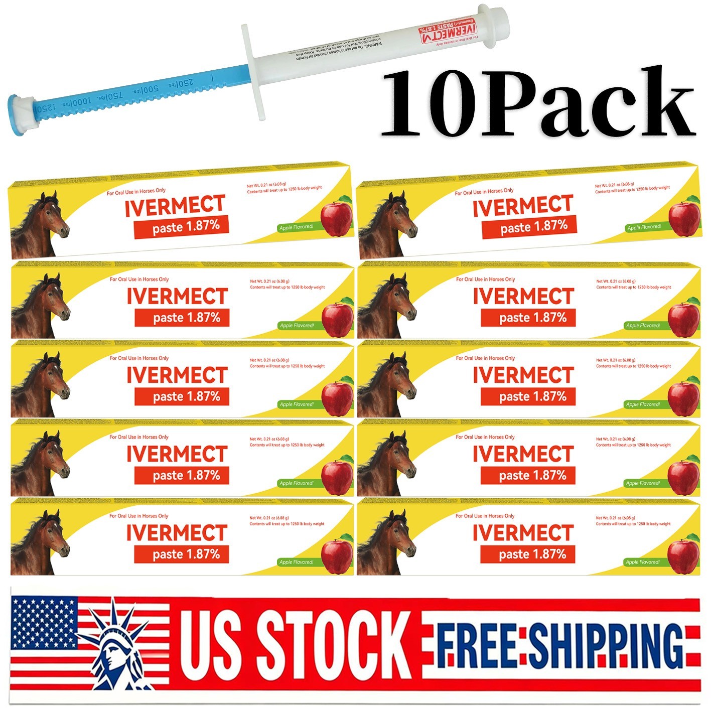 NEW 10 Pack New Paste Wormer Horse Dewormer Apple Flavor US Free Shipping