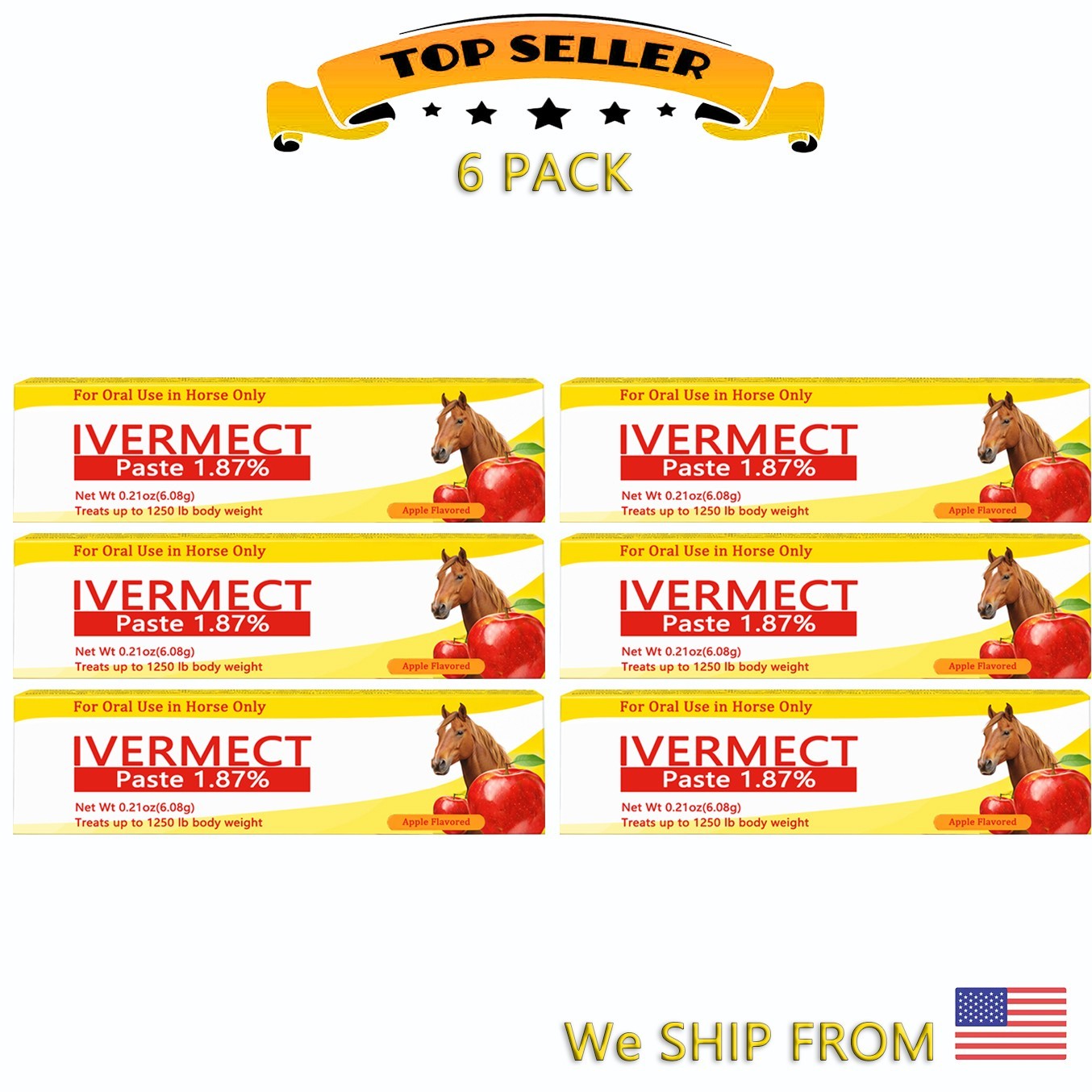 6 Pack Horse Wormer Paste – Apple Flavor, Easy Dose Syringe Included 1/2028