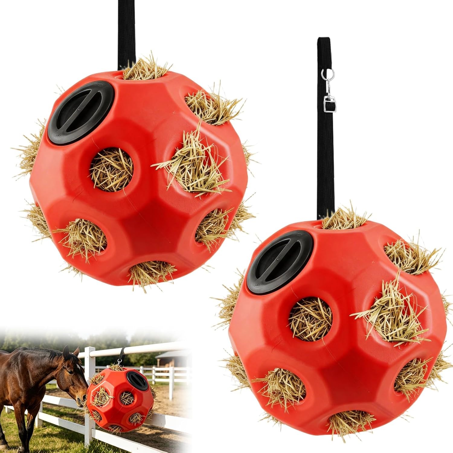 2 Pack 15.75 Inch Slow Feed Hay Ball, Durable Hay Feeder with Hanging Strap