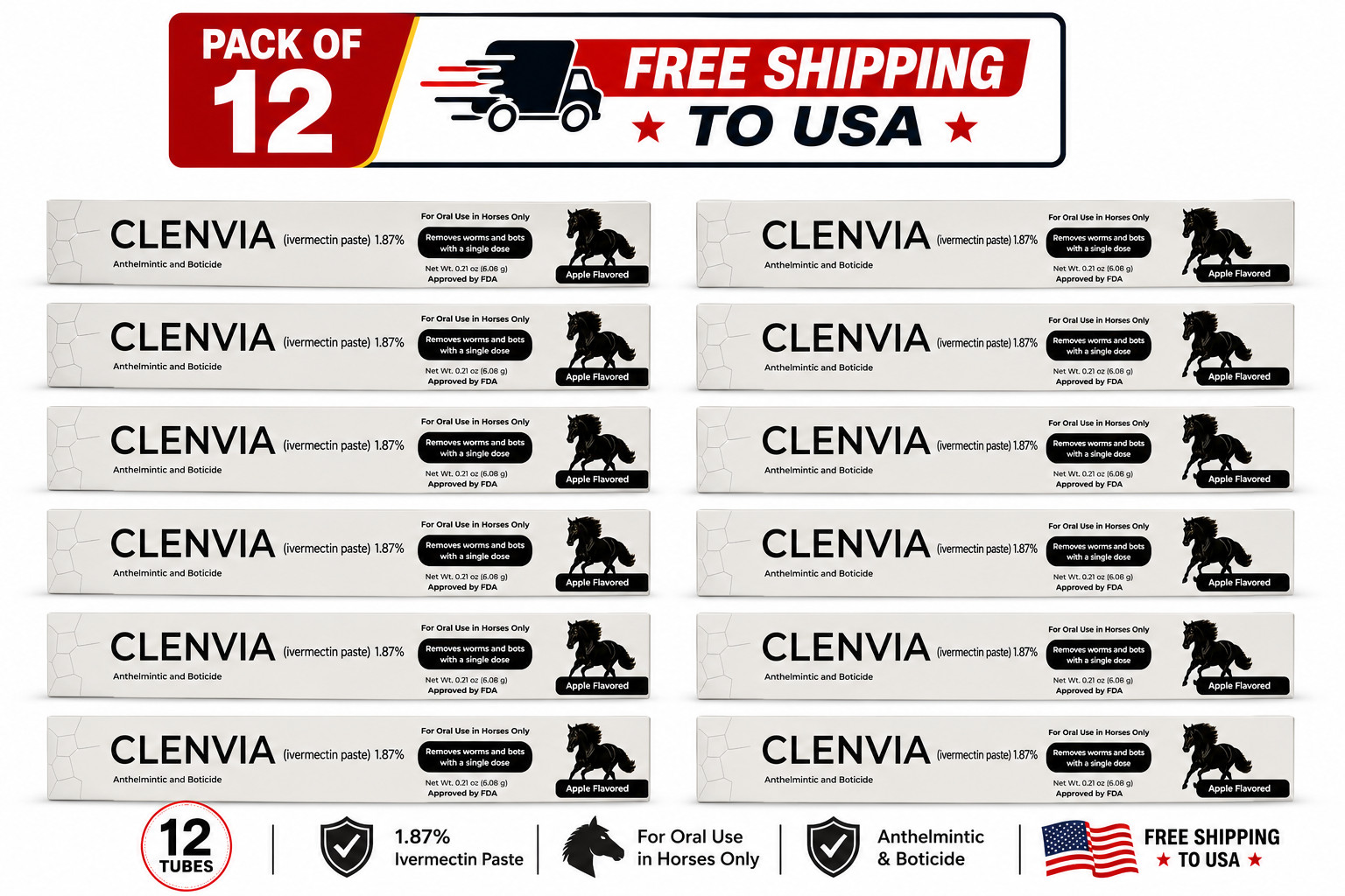 Clenvia 12 Pack New Paste Wormer Horse Dewormer Apple Flavor US Free Shipping