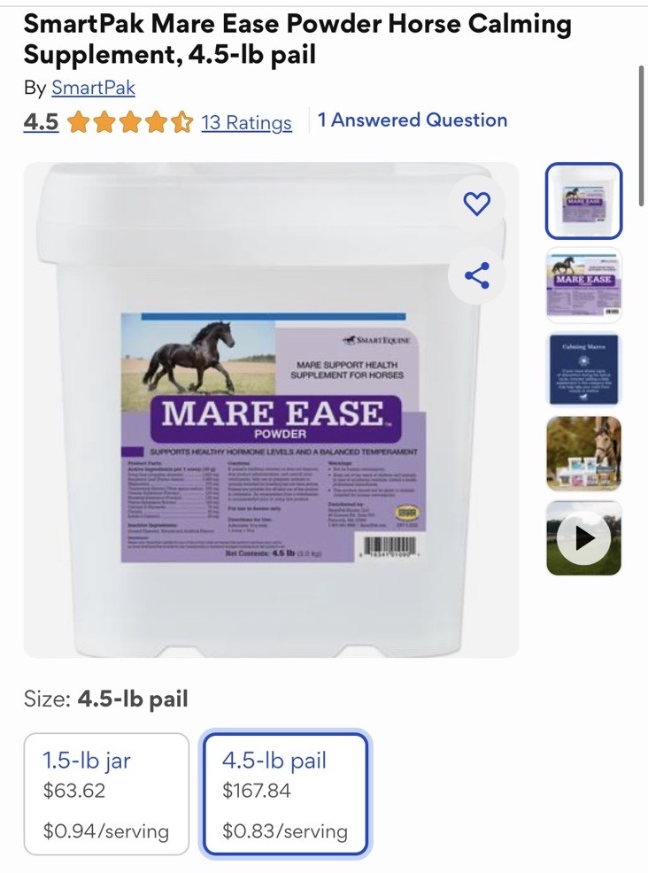 SmartPak Mare Ease Powder Calming Supplement for Horses 4.5 lb Pail