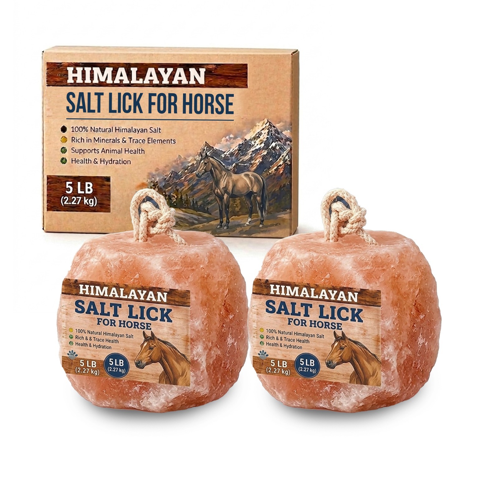 Himalayan Salt Lick for Horses with Rope Natural 5lb Salt Block for Horse 2 pack